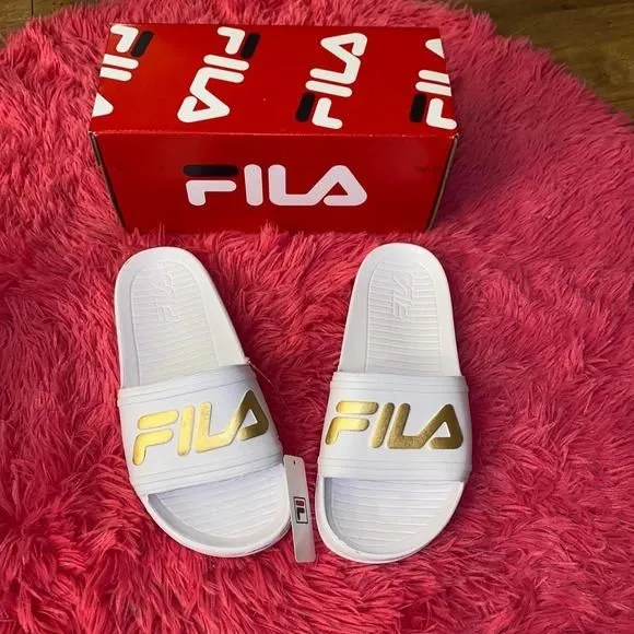 Product image for Fila Womens White Slip On Sandals with Gold Size 7