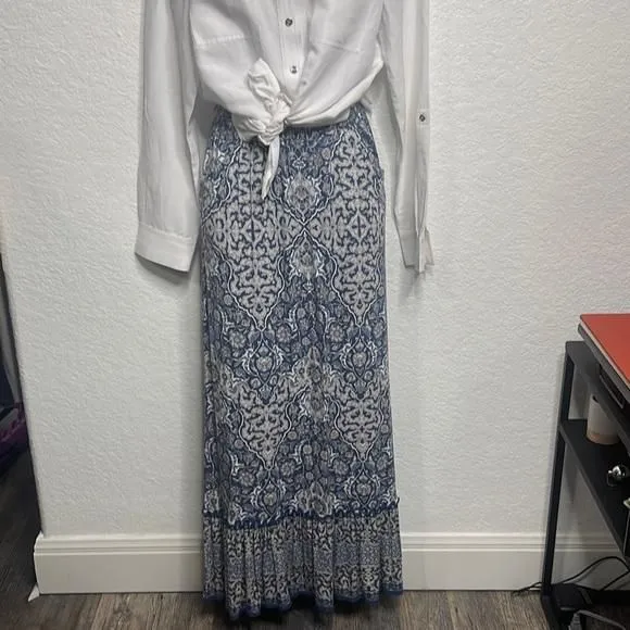 Product image for 356- Max Studio EUC Blue & Tan Maxi Skirt, Size Small (missing drawstring) Rayon