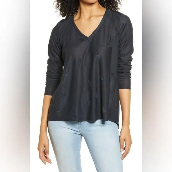 Product image for 535- Bobeau NWT Size Small Dark Navy Long-Sleeve Sheer Star Top