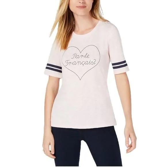 Product image for MAISON Jules moments crew neck varsity stripe heart print t-shirt size large