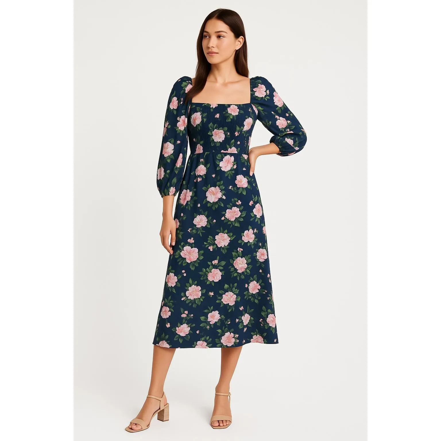 NEW Abercrombie & Fitch Navy Blue Floral Sleeve Puff Sleeve Midi Dress Size  XS  Whatnot: Shop, Sell, Connect