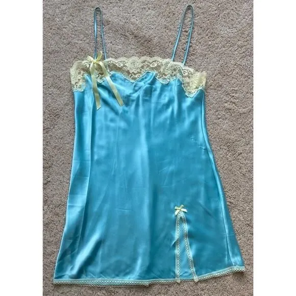Product image for Y2K Victoria Secret Blue & Yellow Lace Bow Slip Dress