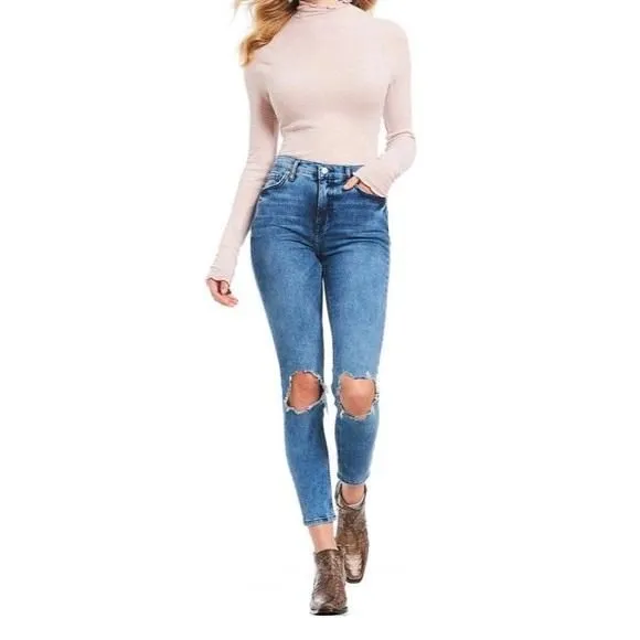 Product image for Free People Distressed & Destroyed Skinny Jeans in Turquoise