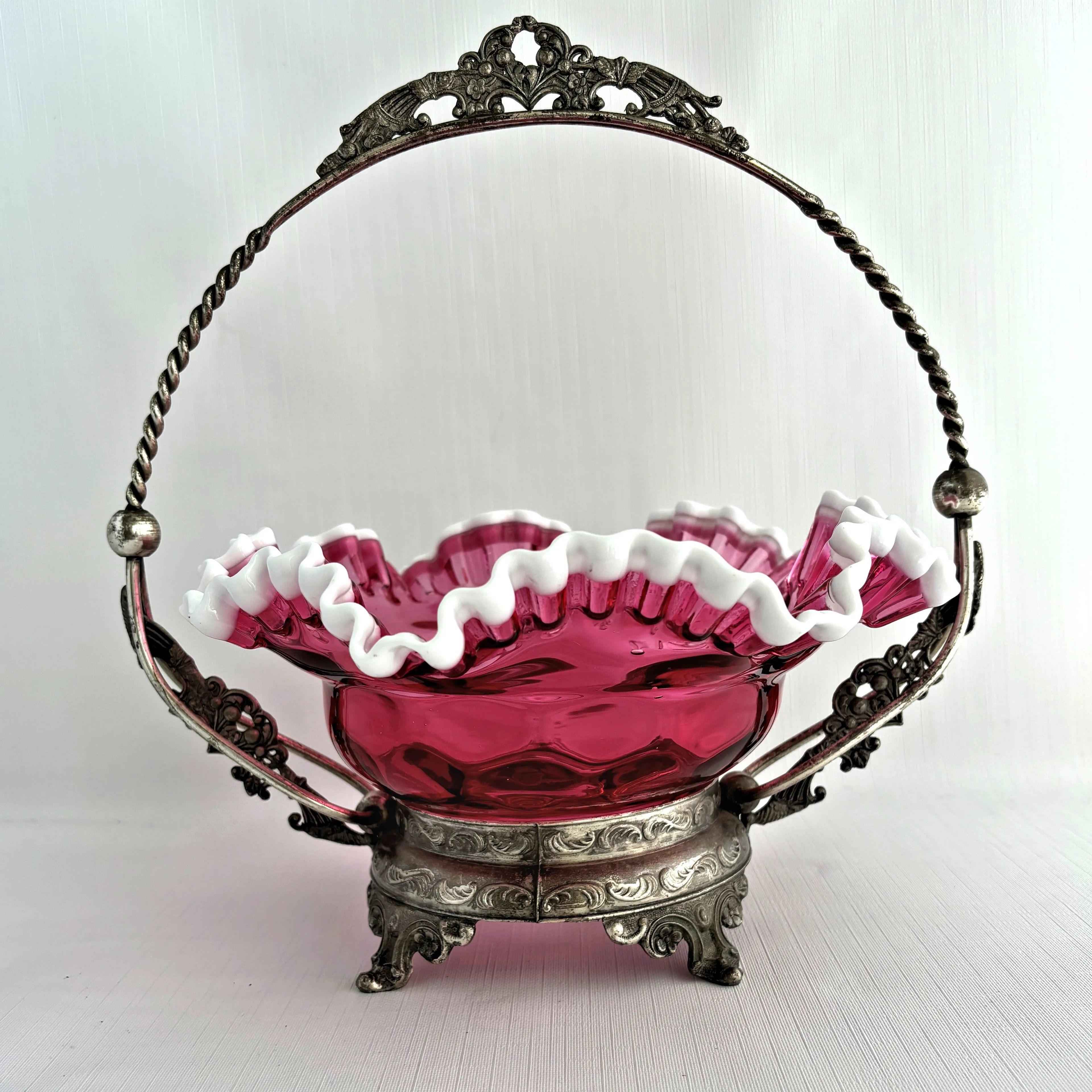 Vintage Fenton Ruffled Cranberry and White Bridal outlets Basket