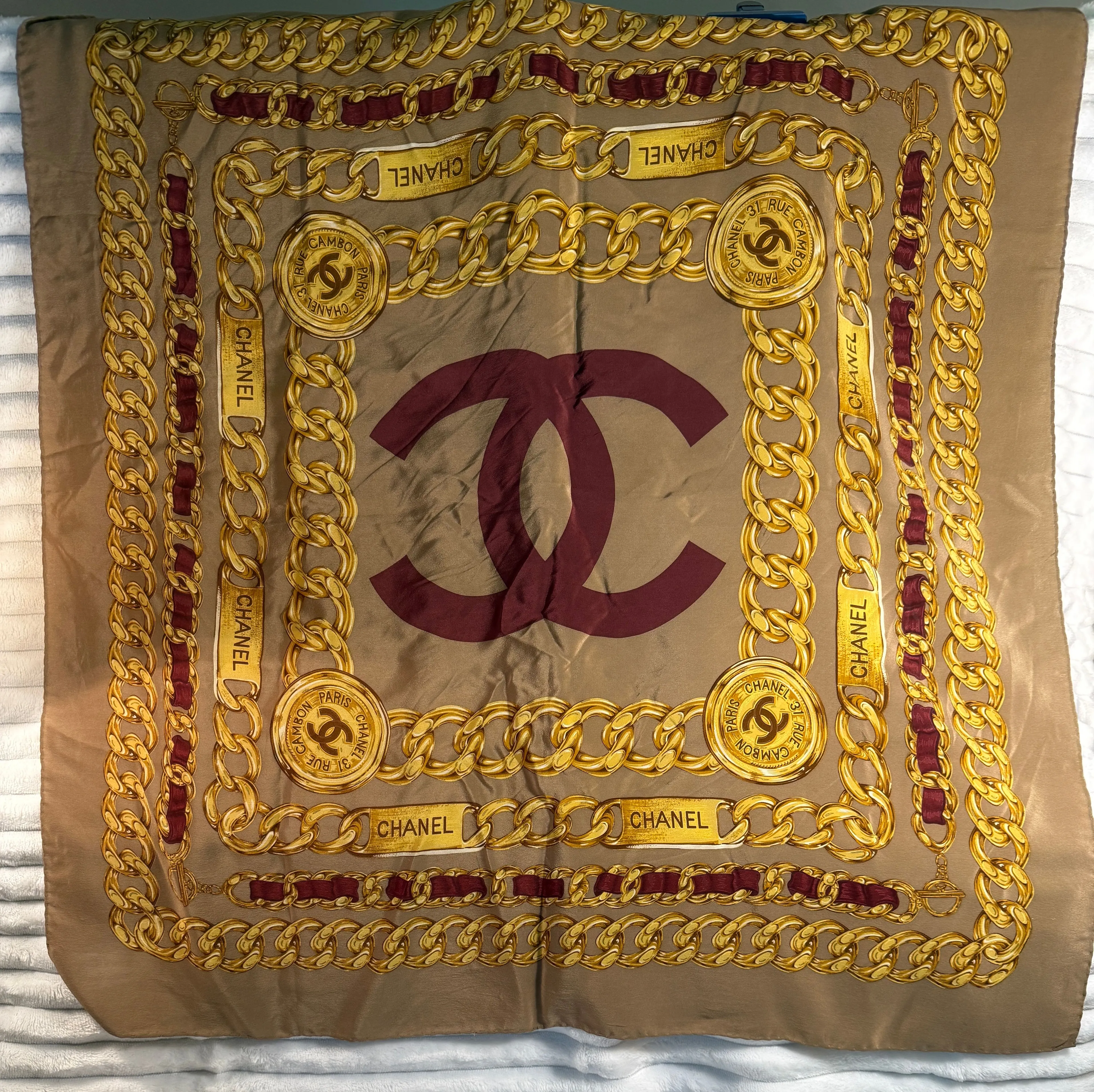 Authentic Chanel Scarf Label Chanel Brown Silk Scarf #63-73