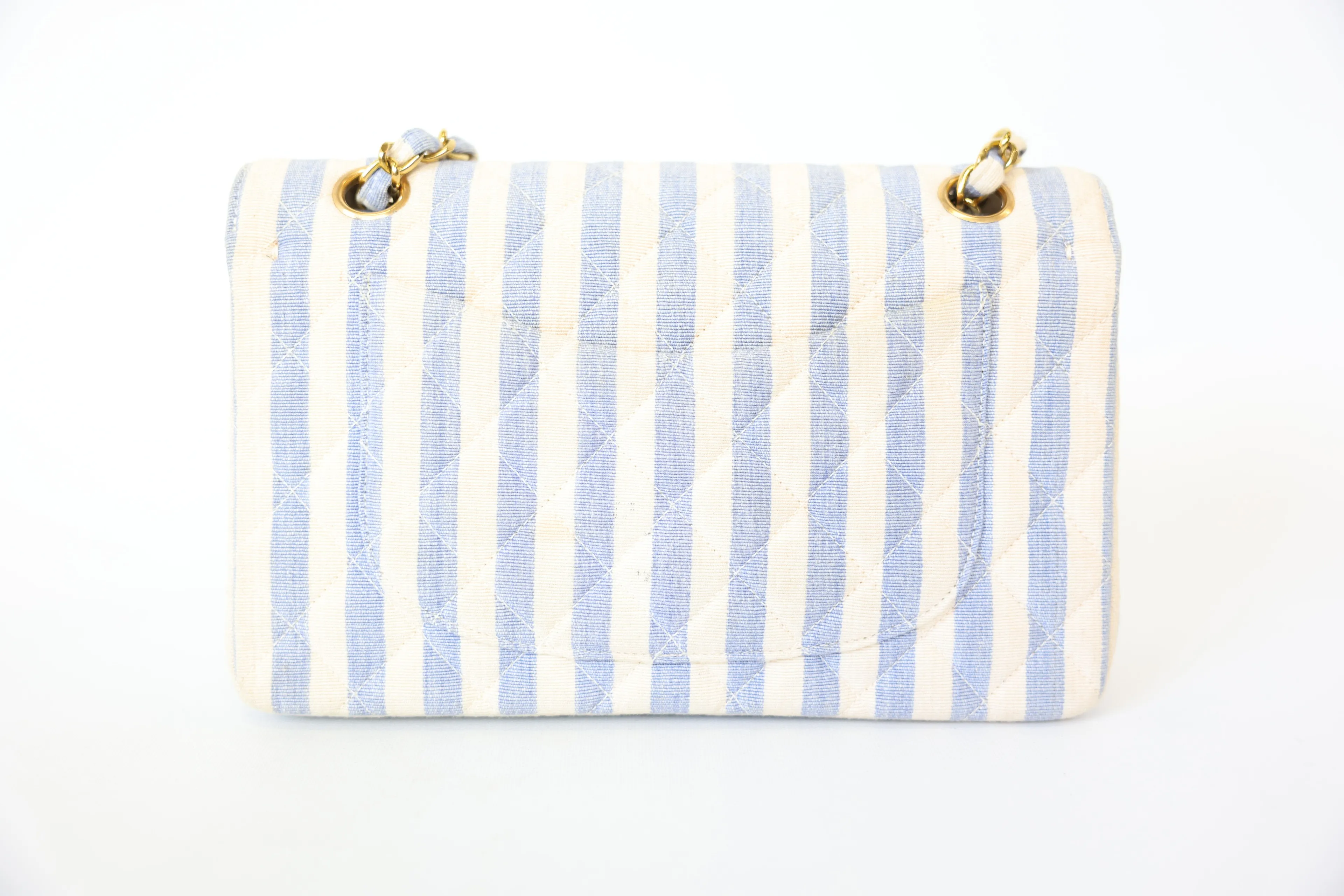 Chanel Timeless Striped Linen Flap Bag Small, Blue And White