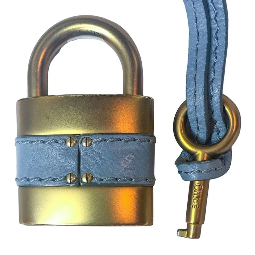 Chloé Paddington Blue Gray Leather Gold Hardware Padlock and Key