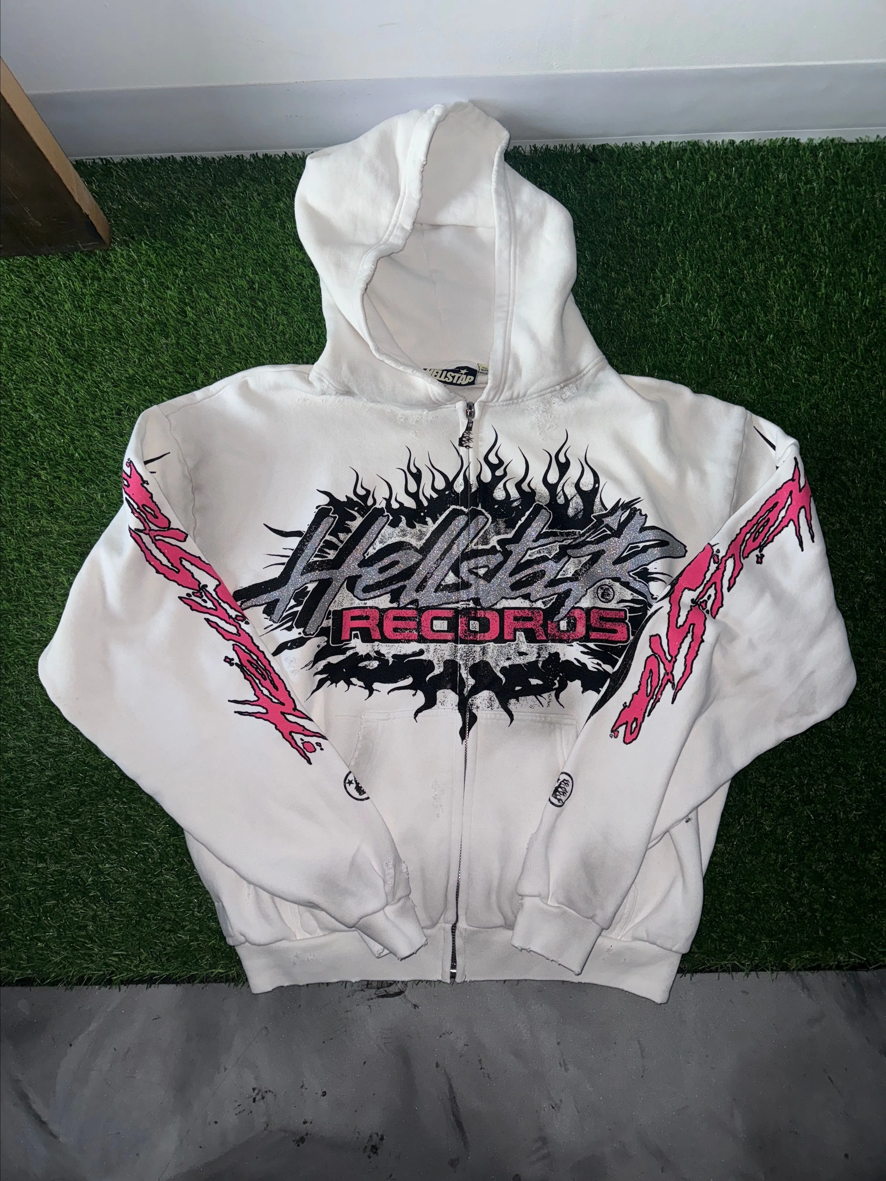 Hellstar Flame Records Zip Up Hoodie - White (UNRELEASED