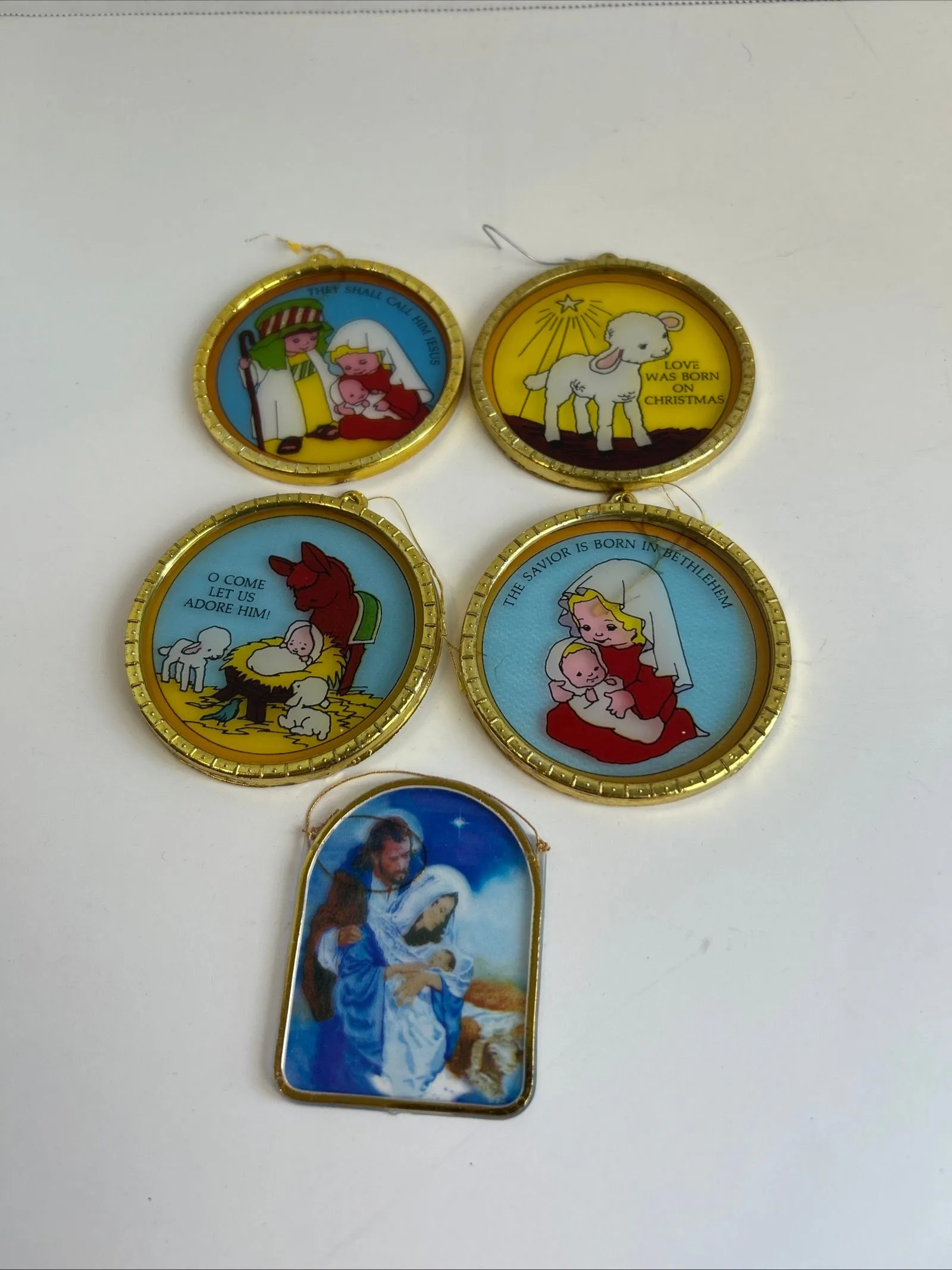 Vintage Set Of 4 Christmas Ornaments, Stained Glass Style