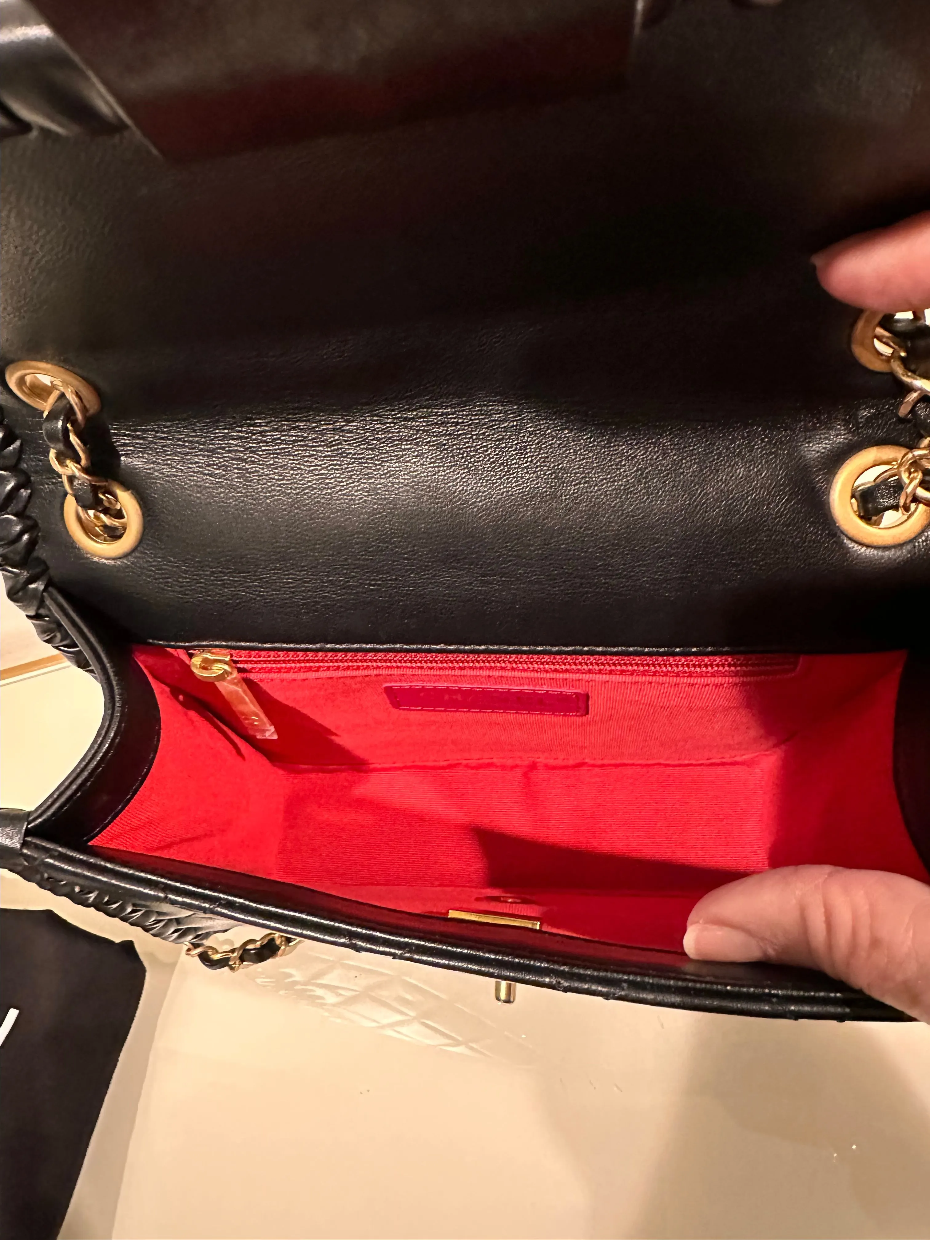 Chanel Black Quilted Square Flap Bag W/ Woven Leather Trim