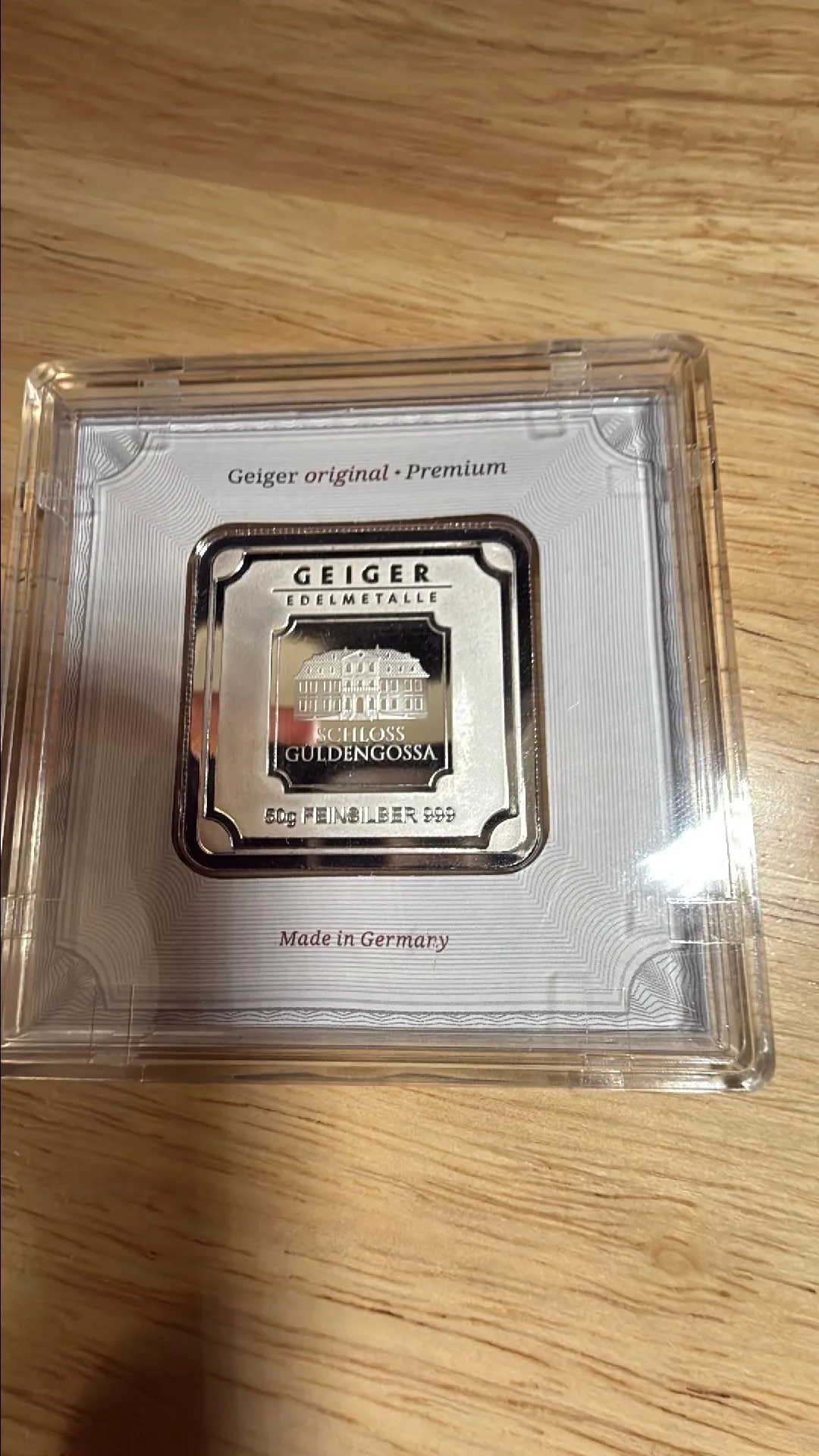 Geiger Original 50 Gram Fine Silver in Assay .999 Fine Scan-able w