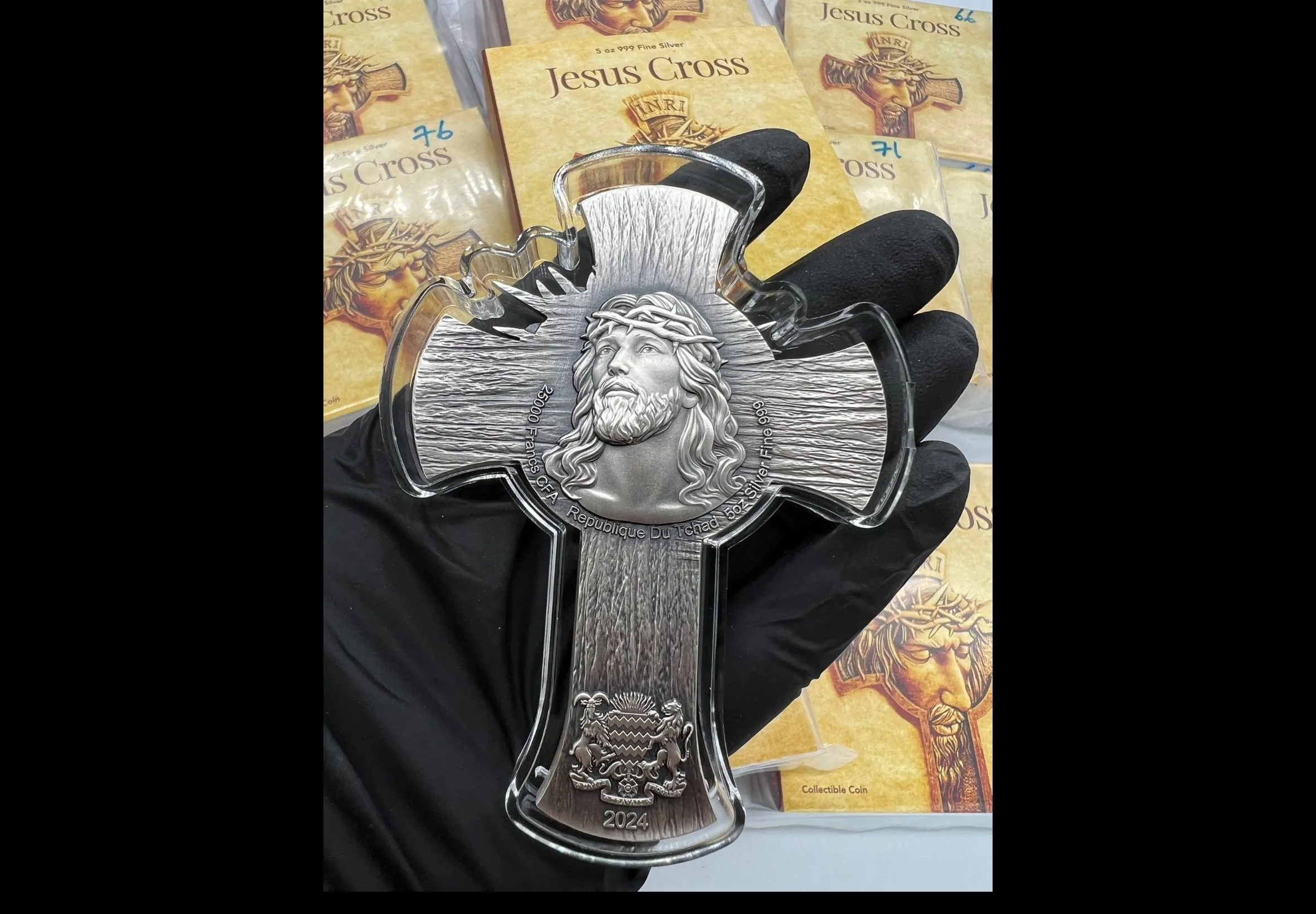 JESUS CROSS 5 Oz Silver Coin 25000 Francs Chad 2024