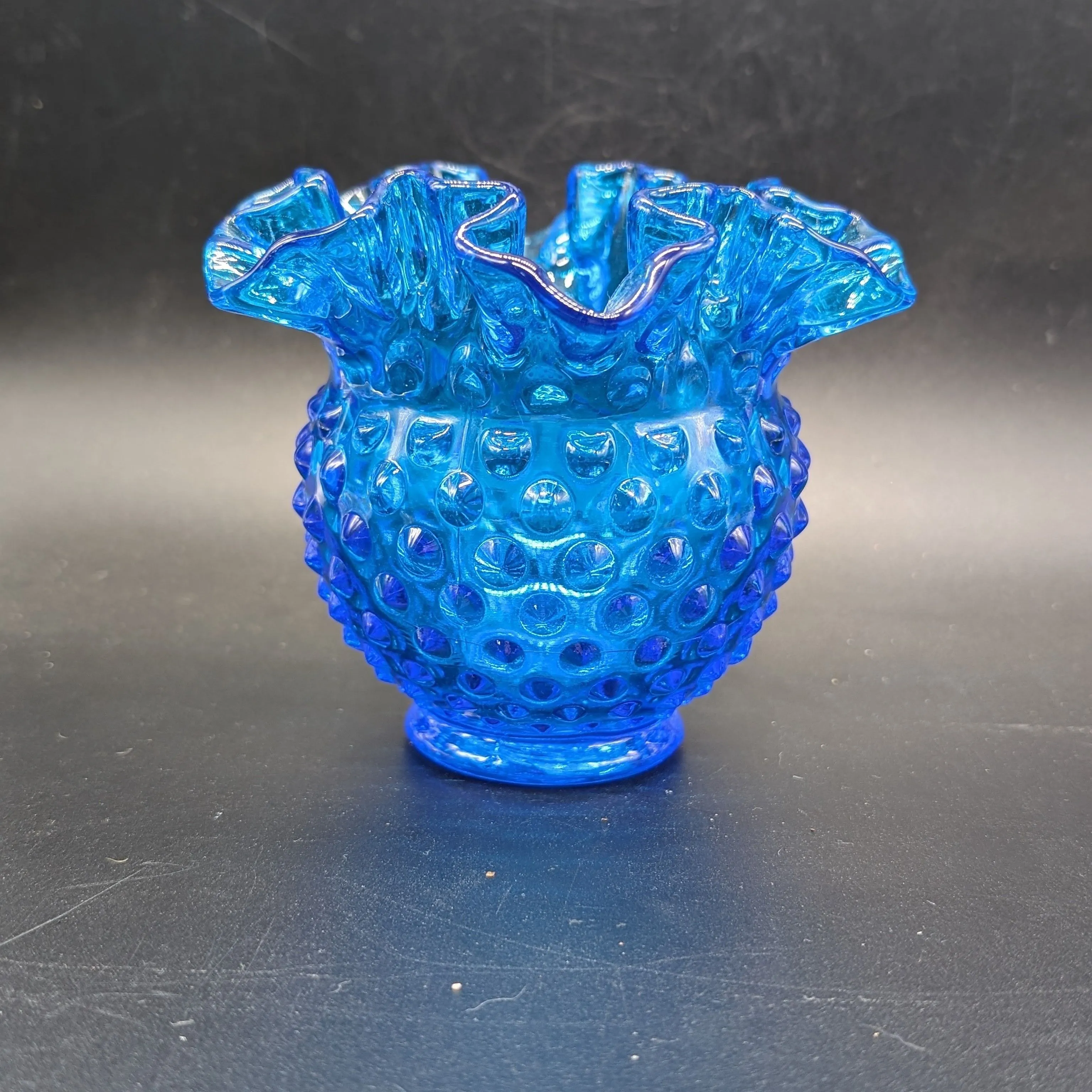 Vintage Fenton Blue Hobnail Glass Ruffled Lip 4