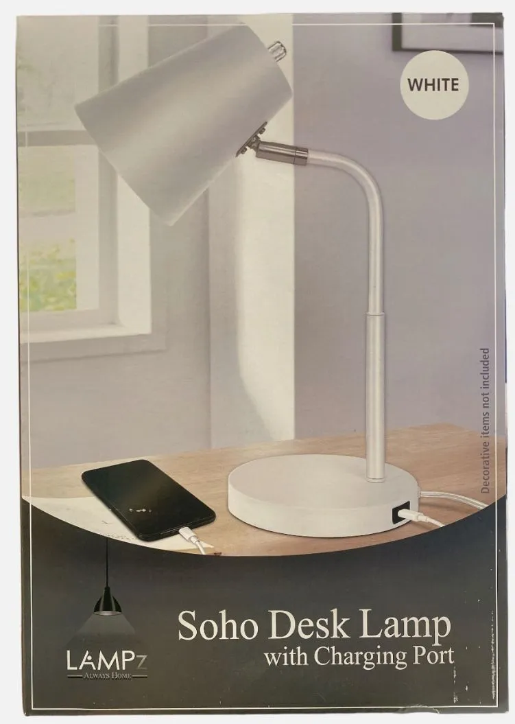 Lampz Soho Desk Lamp with Adjustable Shade USB C Charging Port 15.5 White