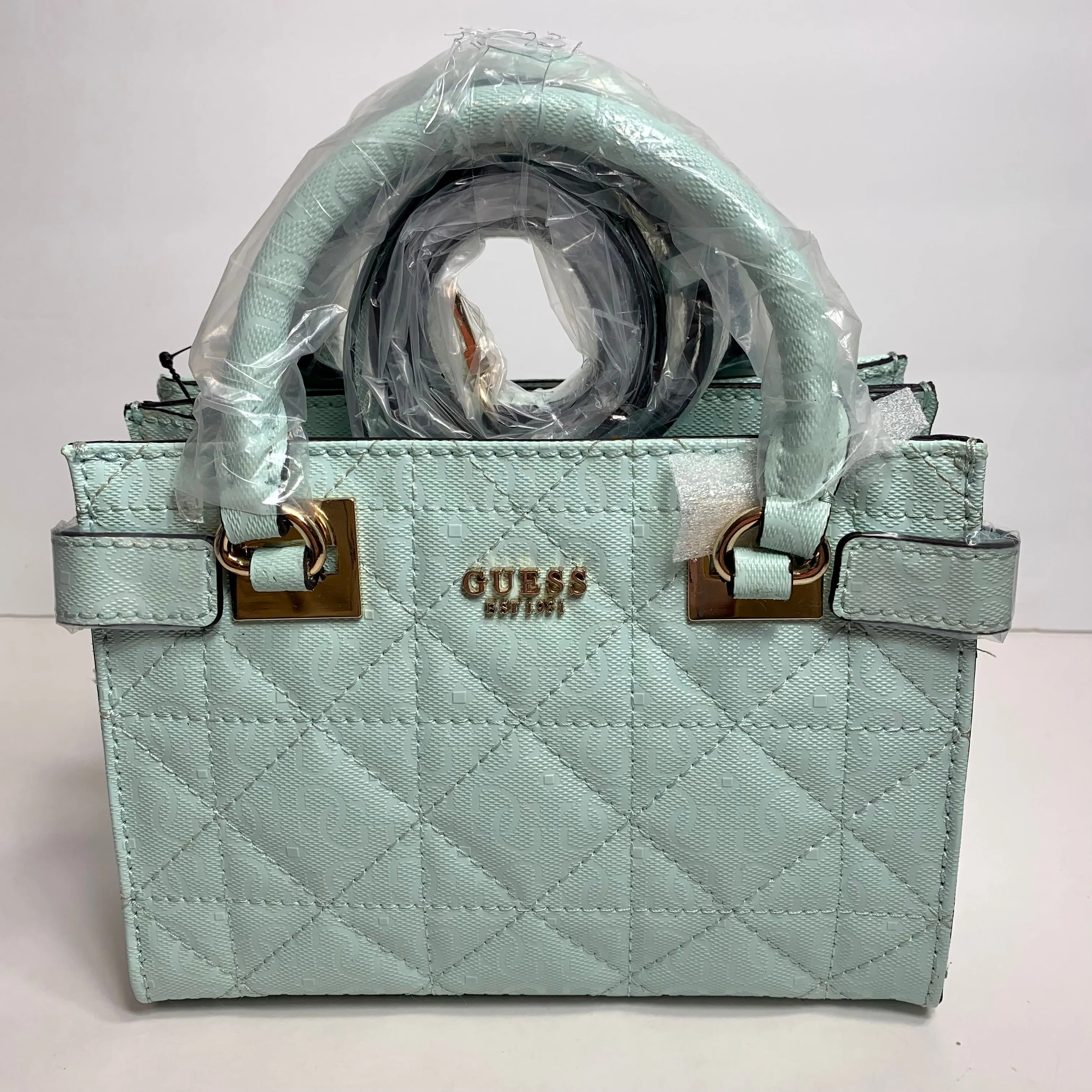 NWT. GUESS Malia Mini Satchel Bag or crossbody in pastel blue top green color