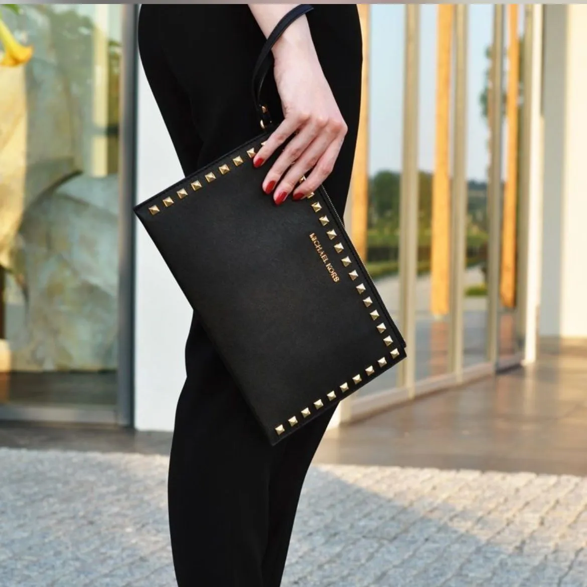 Michael Kors Studded Gold Black Selma Zippered Oversized Envelope Clutch Bag Whatnot Buy Sell Go Live