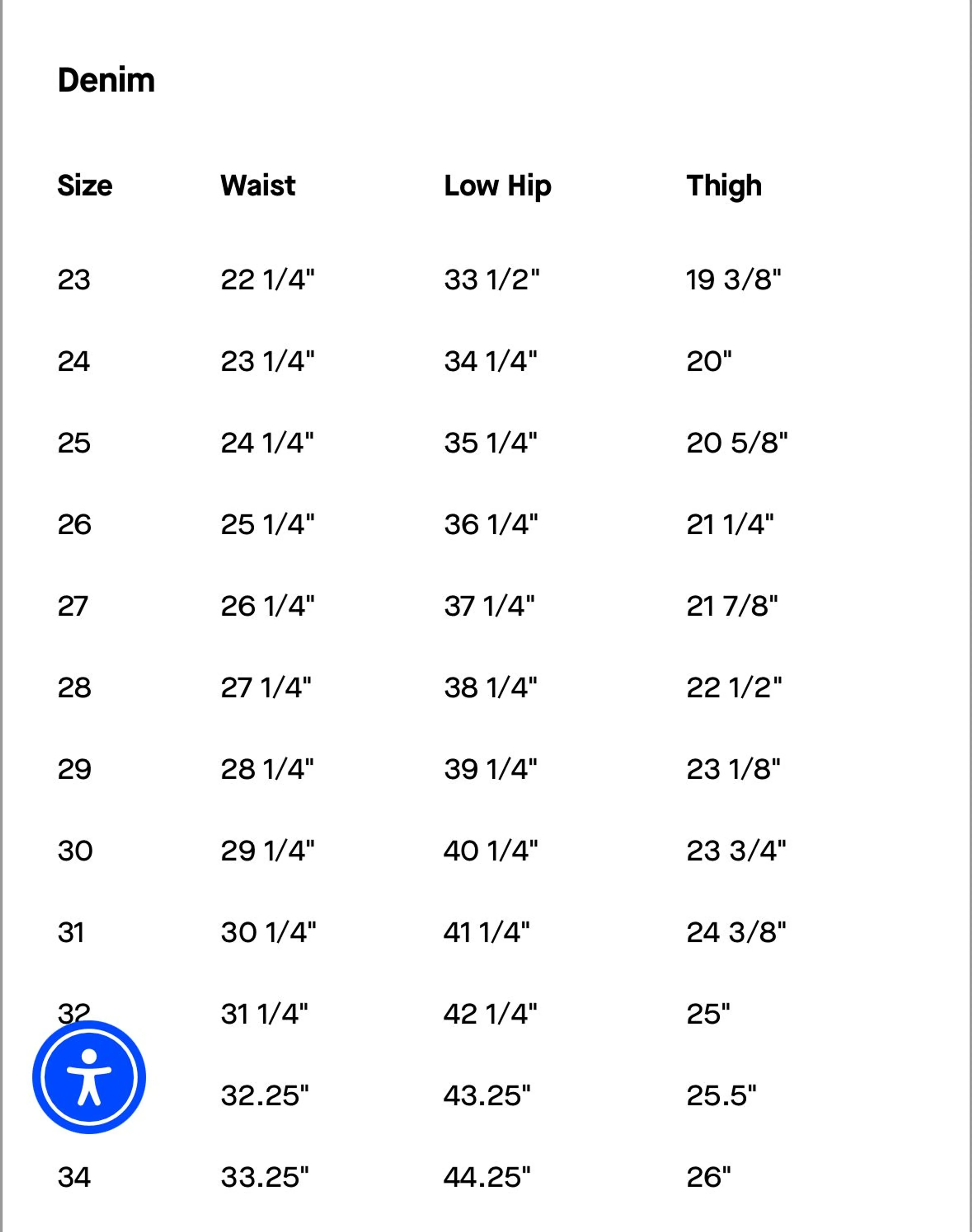 7 jeans hot sale size chart