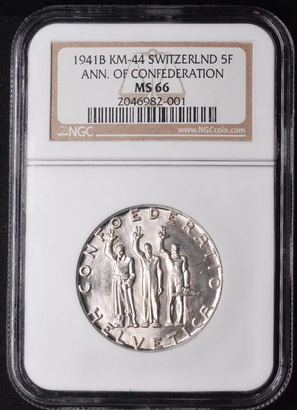 1941-B Switzerland 5 Francs Confederation Anniversay NGC MS66