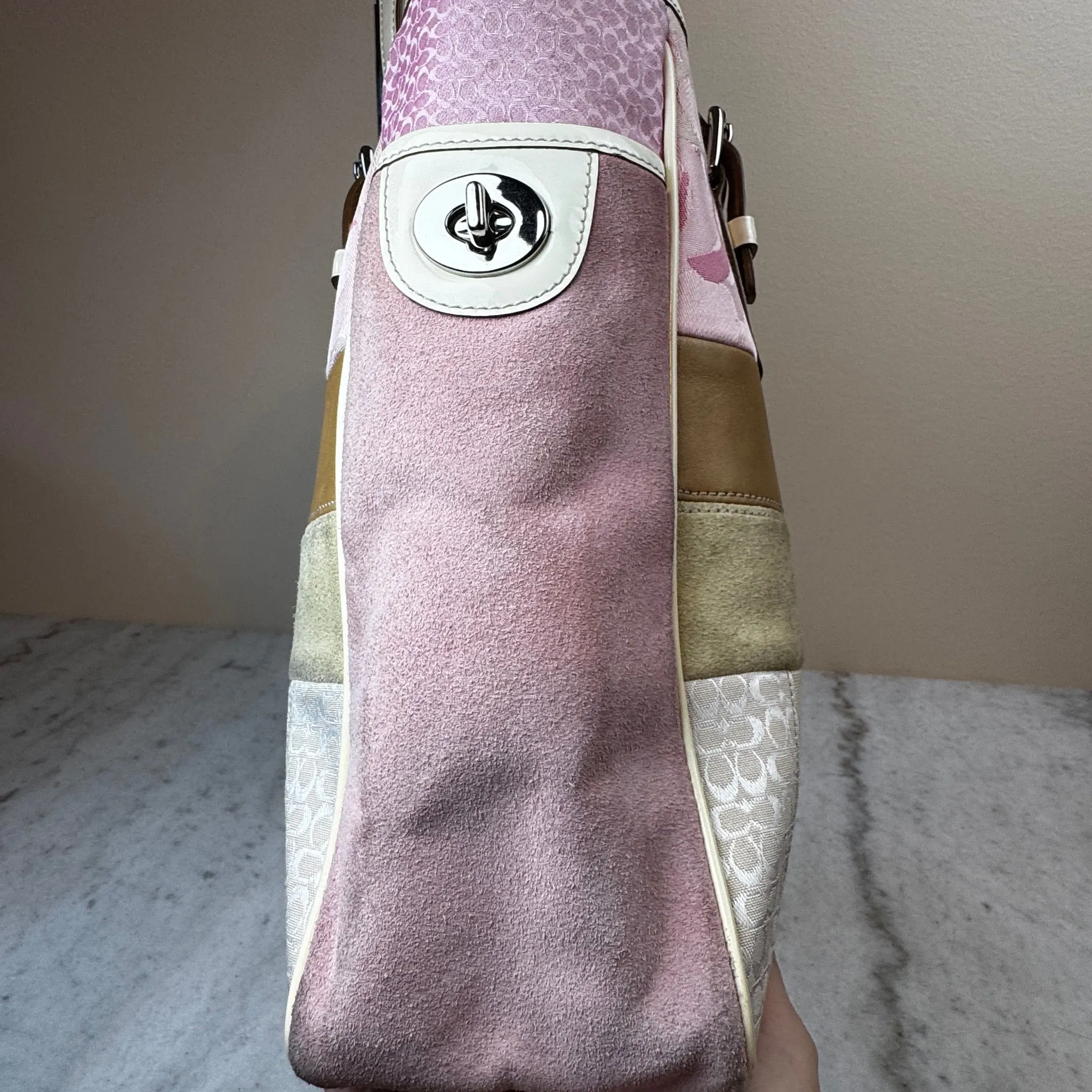 C117 Coach pastel patchwork turnlocks suede tote · Whatnot: Shop