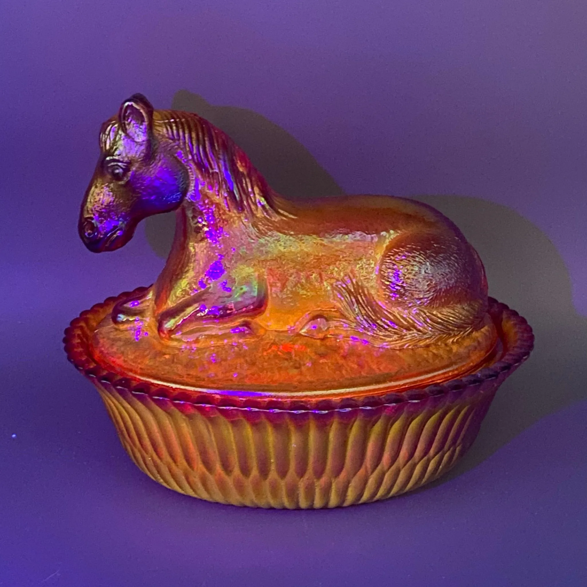 Rosso McKee Red Iridescent Carnival Glass Resting Pony Horse on