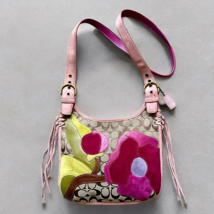 Coach Y2K Signature Pink Suede Poppy For Peace Flower