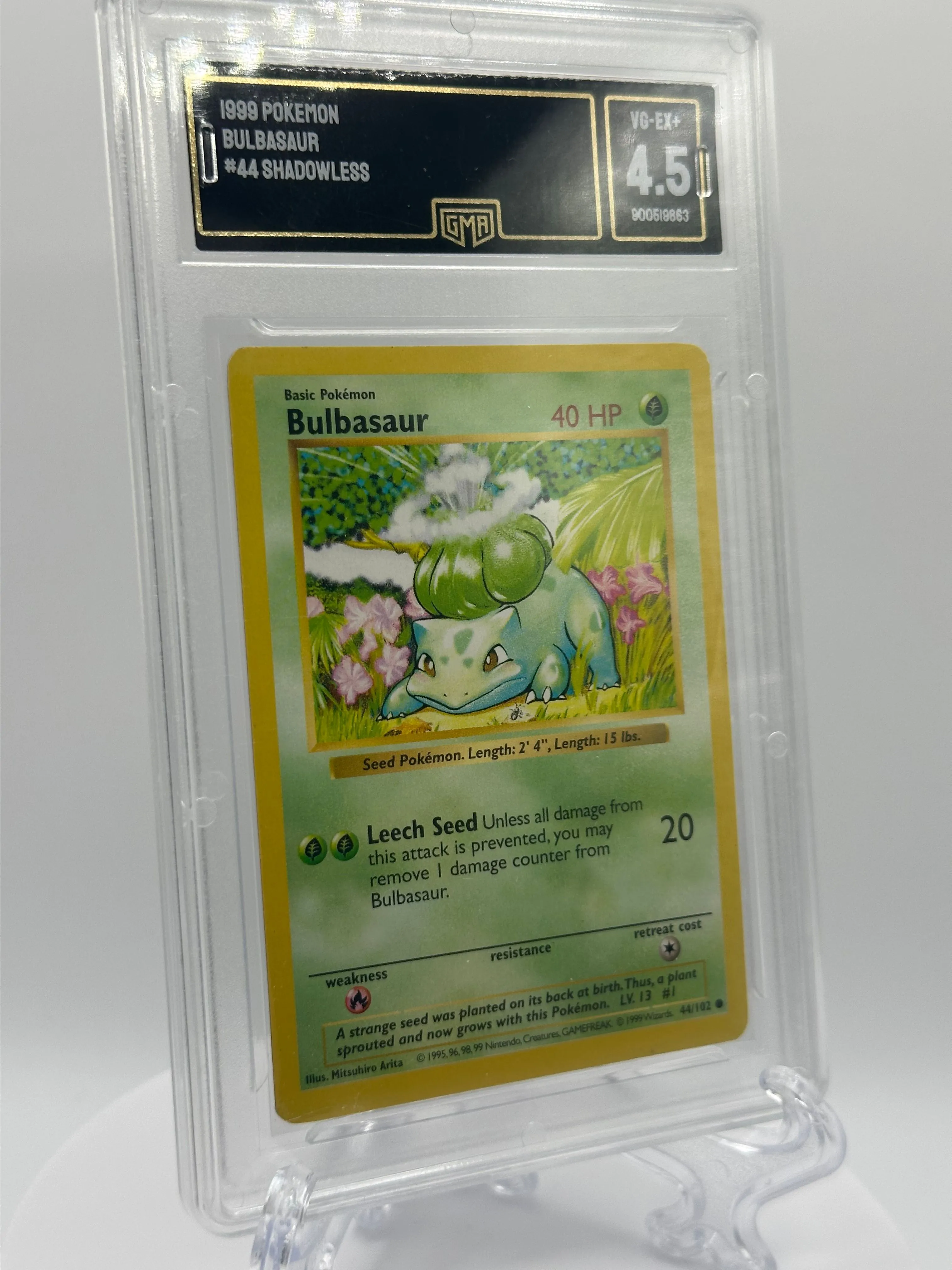 1999 Pokemon Shadowless Bulbasaur 44/102 Error card “Length” GMA