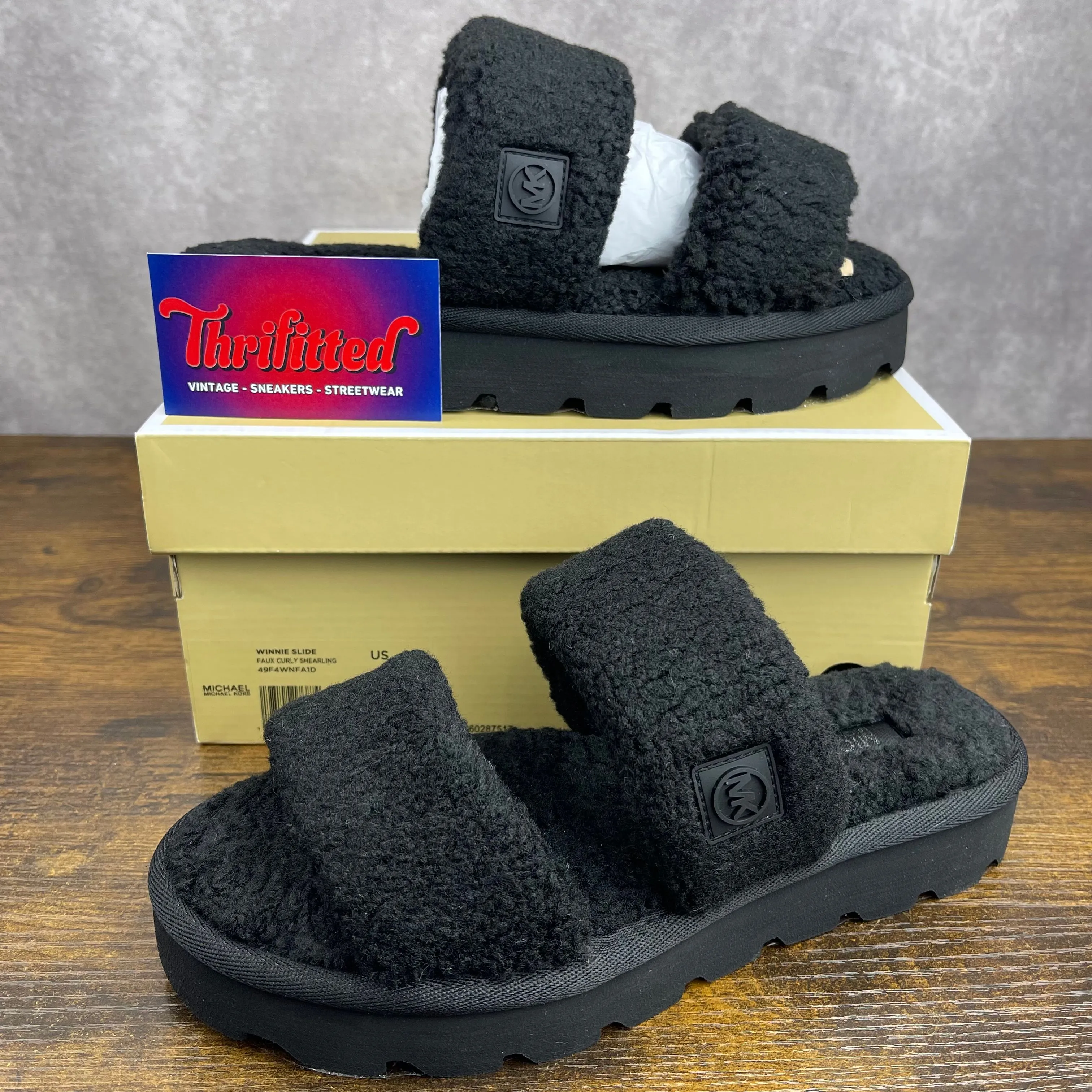 MICHAEL KORS / サンダル/--/CML/49F4WNFA1D NEW Michael Kors Winnie Slide Faux Fur Curly Shearling Black Size