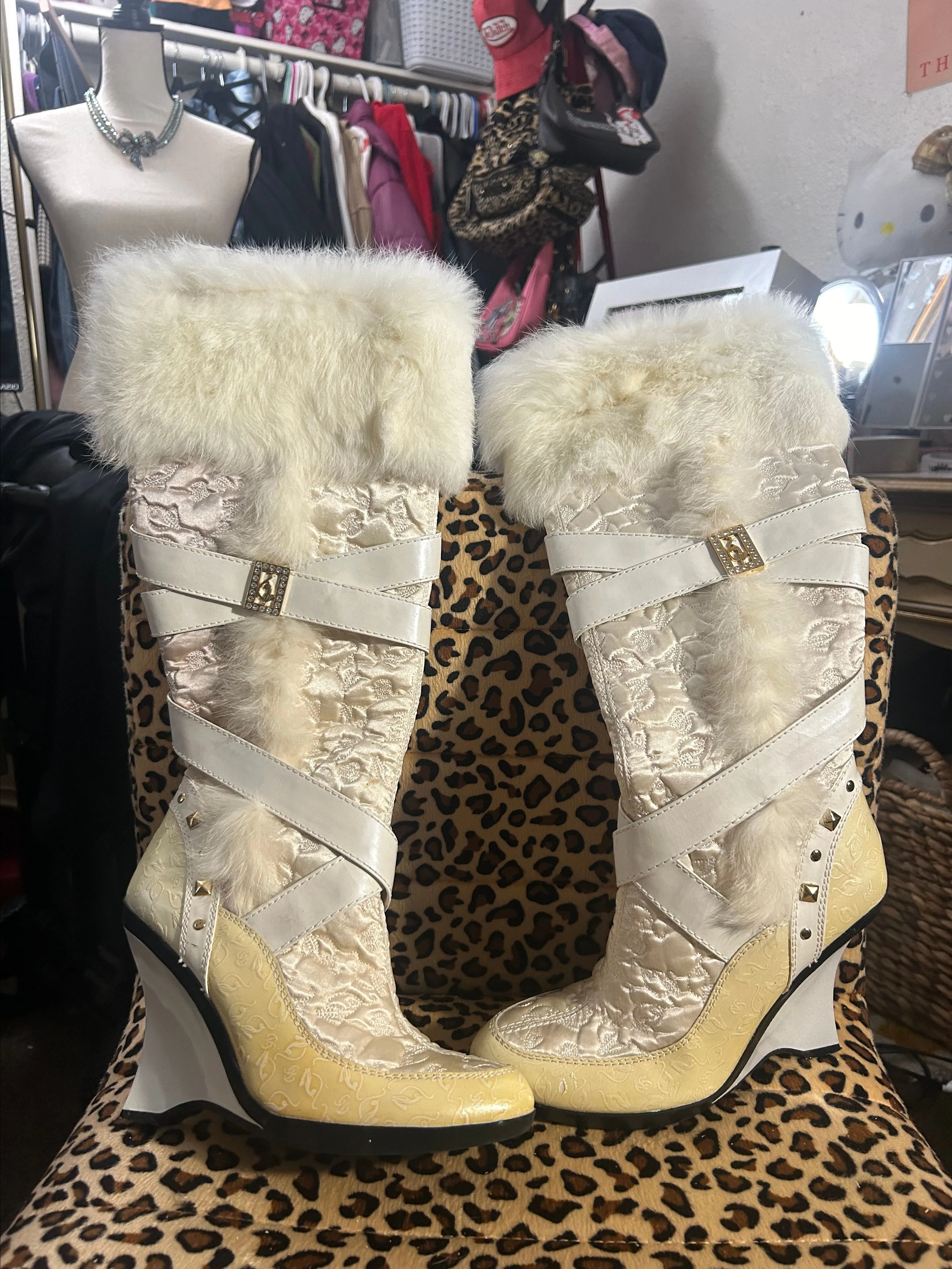 Baby Phat Cream Quilted long boots with fur and wedge heel Whatnot Buy Sell Go Live