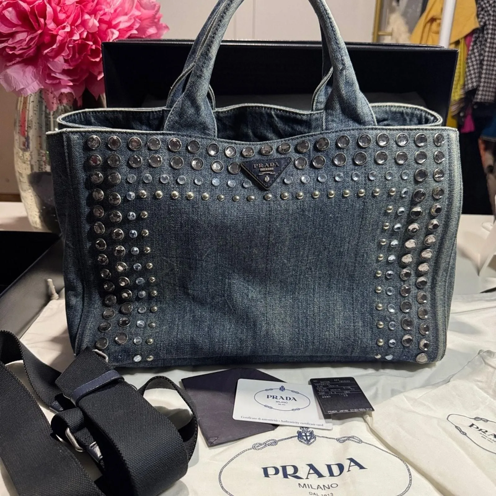 PRADA カナパ　 A259 Prada Canapa studded with sparkly bling Blue Denim Studded