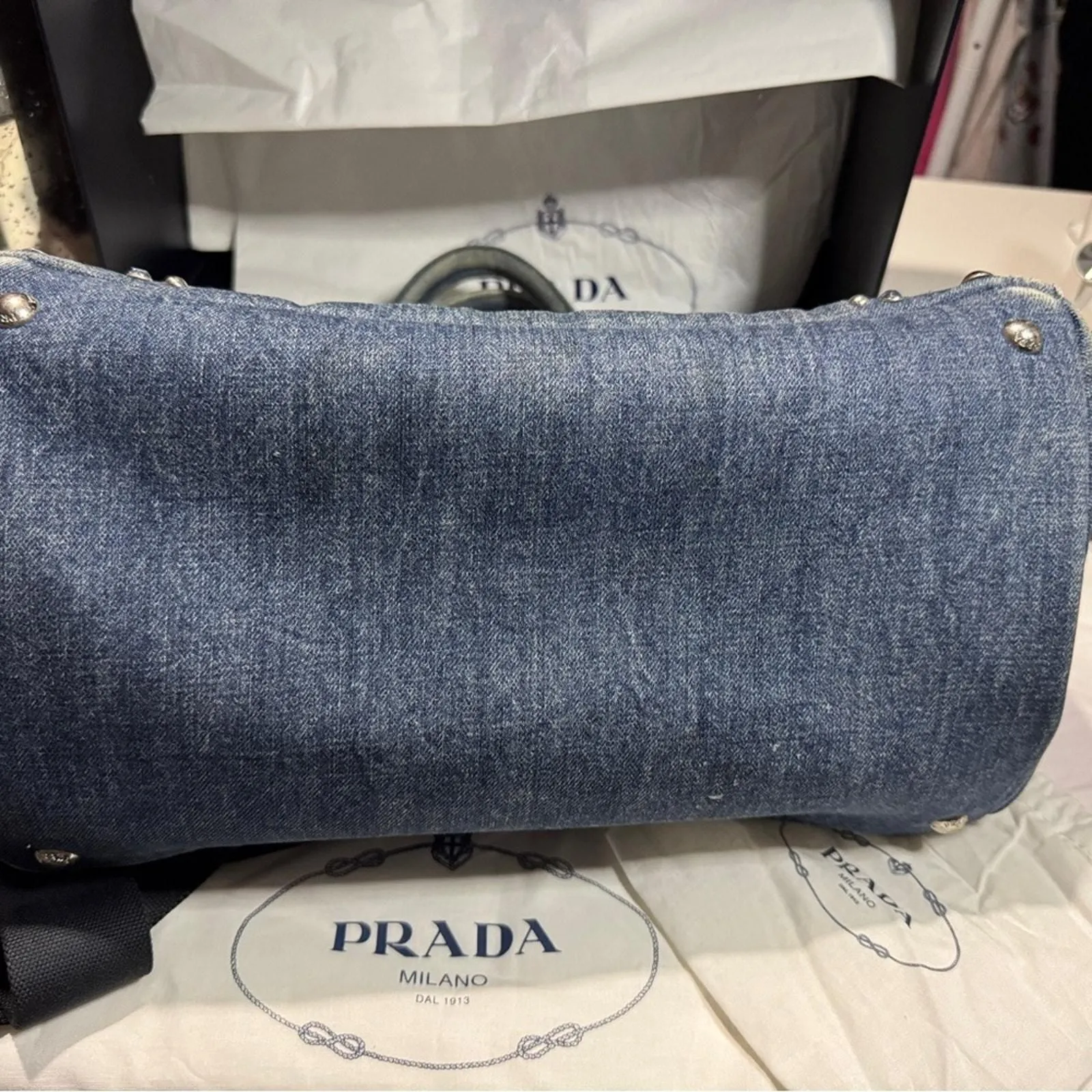 A259 Prada Canapa studded with sparkly bling Blue Denim Studded
