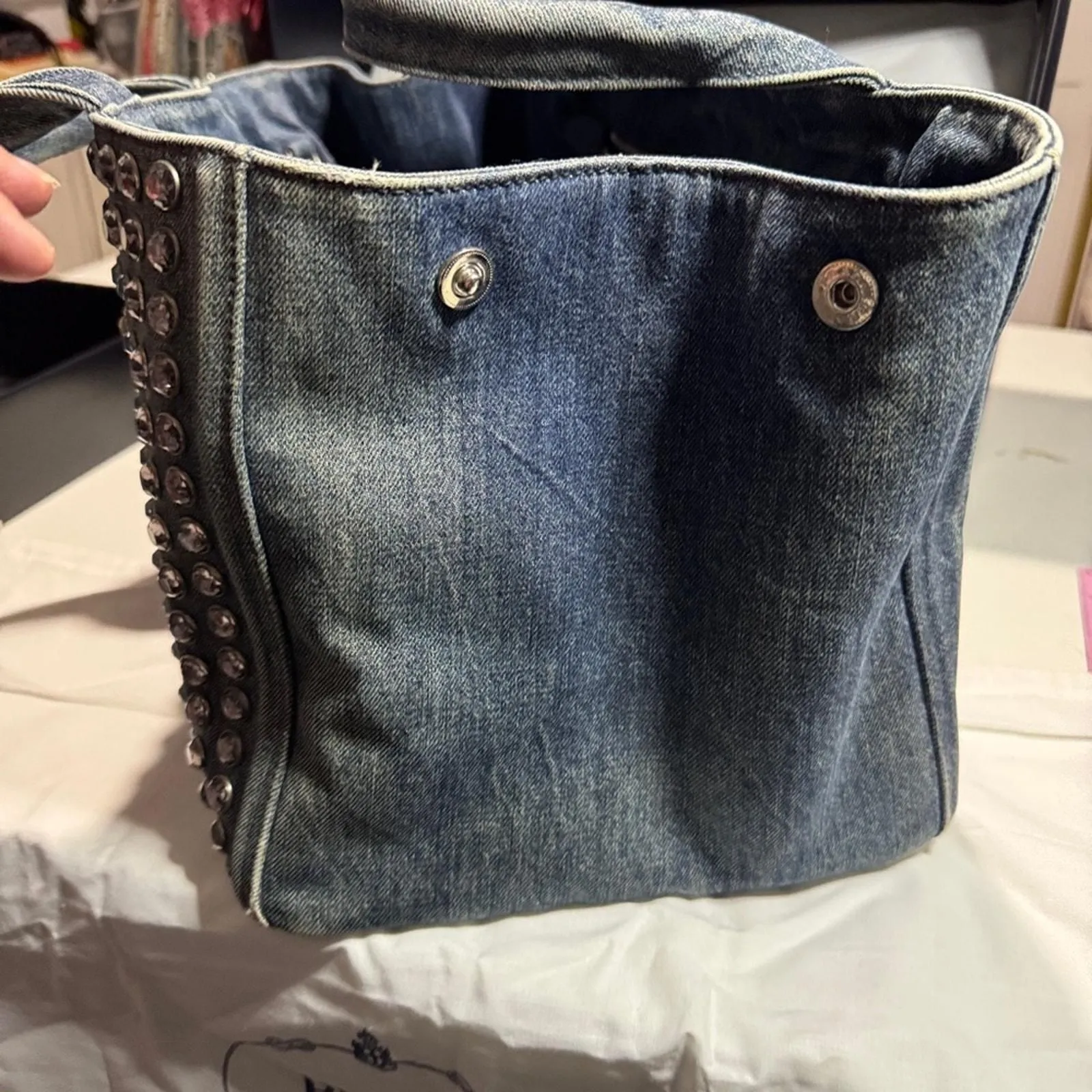A259 Prada Canapa studded with sparkly bling Blue Denim Studded