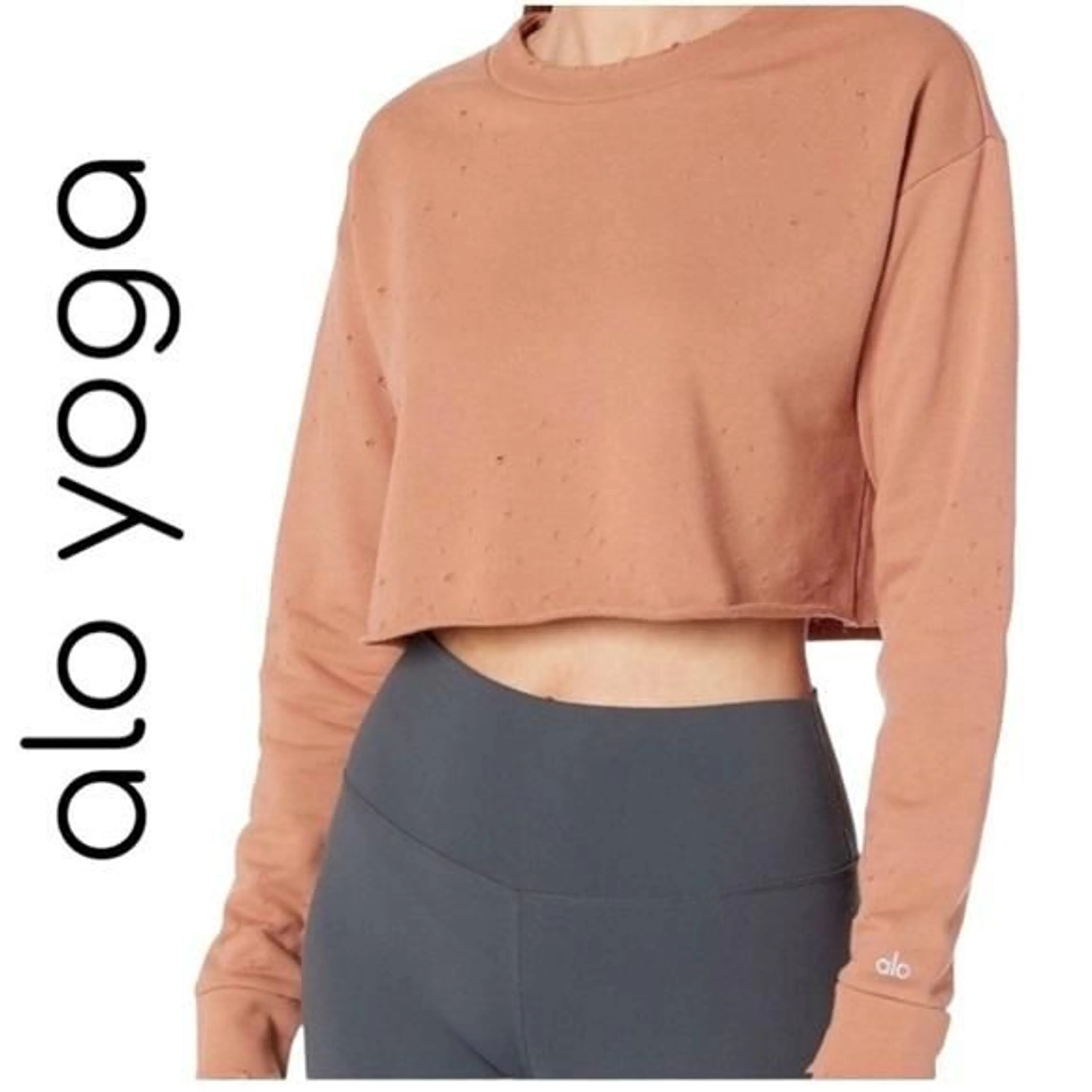 Alo Yoga Distressed Cropped Crew Neck Sweatshirt Rust Brown Size