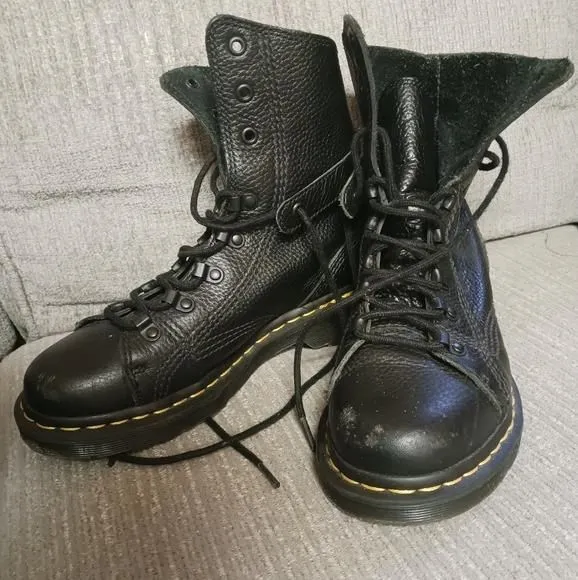 Dr Martens Coraline Combat Moto Pebbled Leather Black Boots Size 7.5