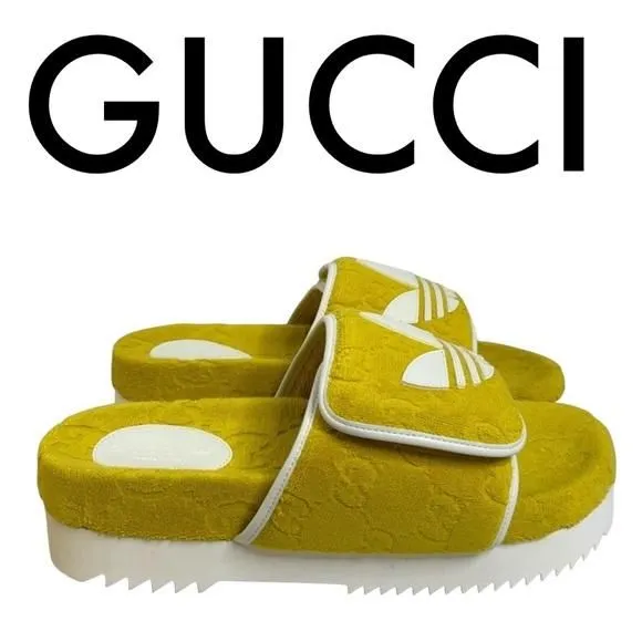 GUCCI NWT YELLOW WHITE MEN S ADIDAS SLIDES SANDALS SIZE 10 MADE IN ITALY Whatnot Buy Sell Go Live
