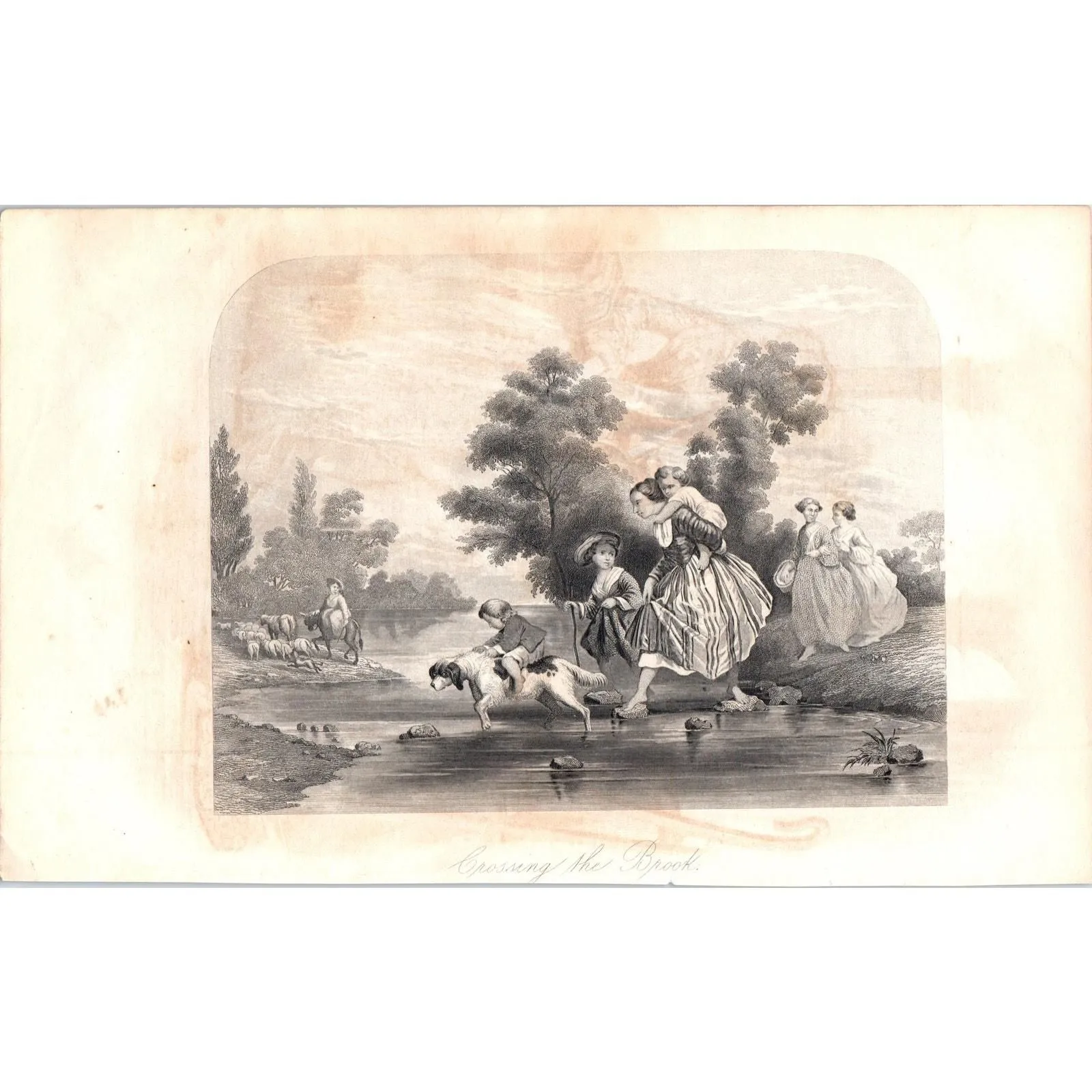 Crossing The Brook - Boy Riding Dog 1857 Original Art Engraving