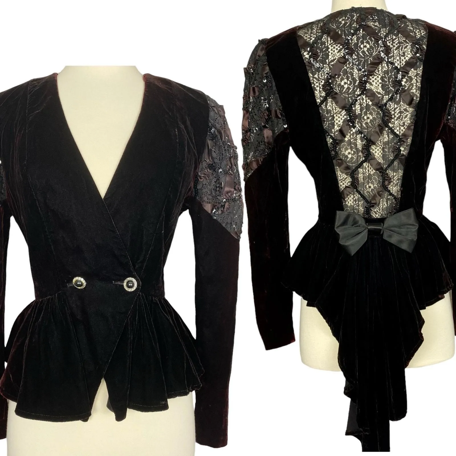 Vintage 80s zum zum Black Auburn Velvet Peplum Bow Sequin Lace Top Bolero Jacket