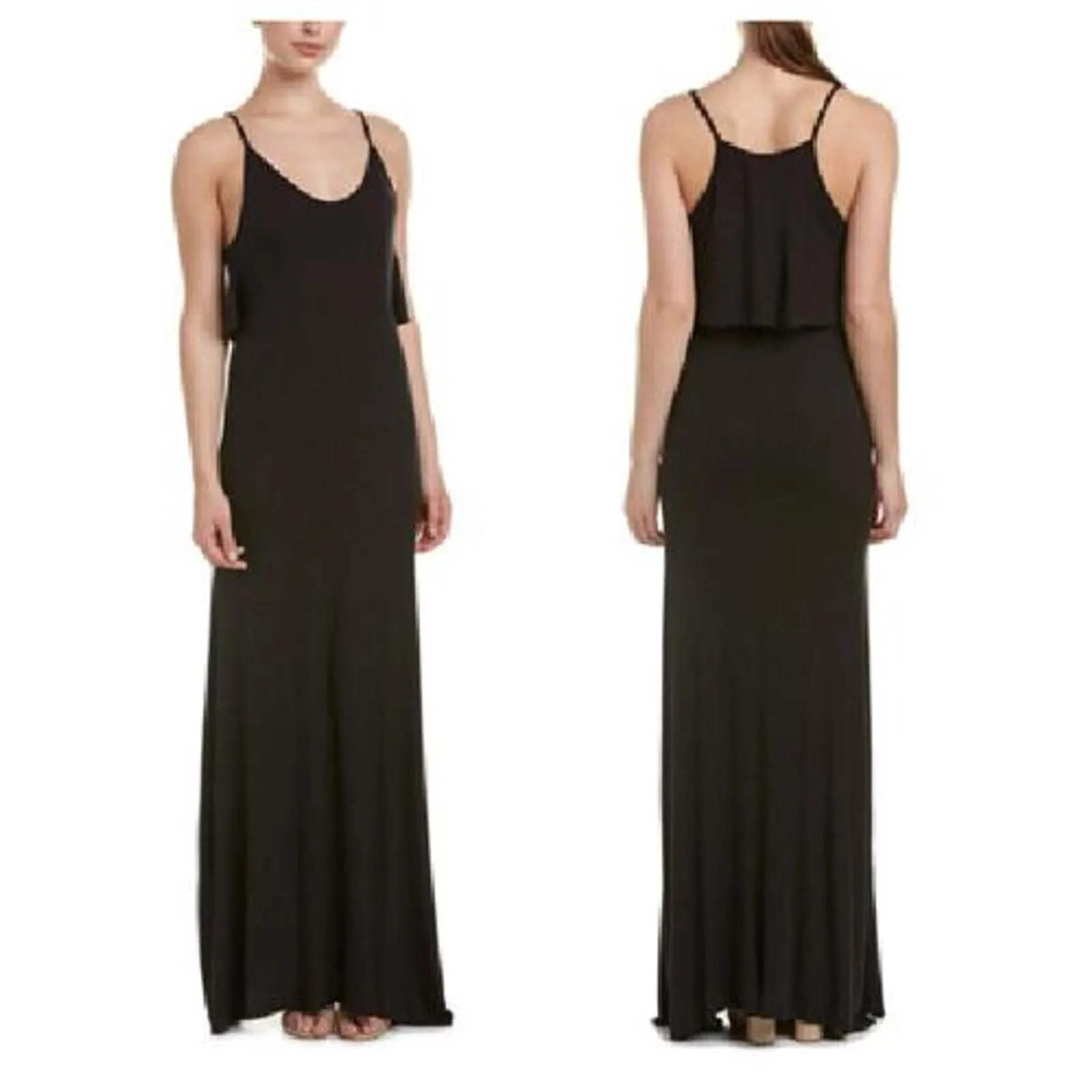 BCBG Maxazria Spaghetti Strap Tiered Flounce Maxi Dress back cutout Black Small Whatnot Buy Sell Go Live