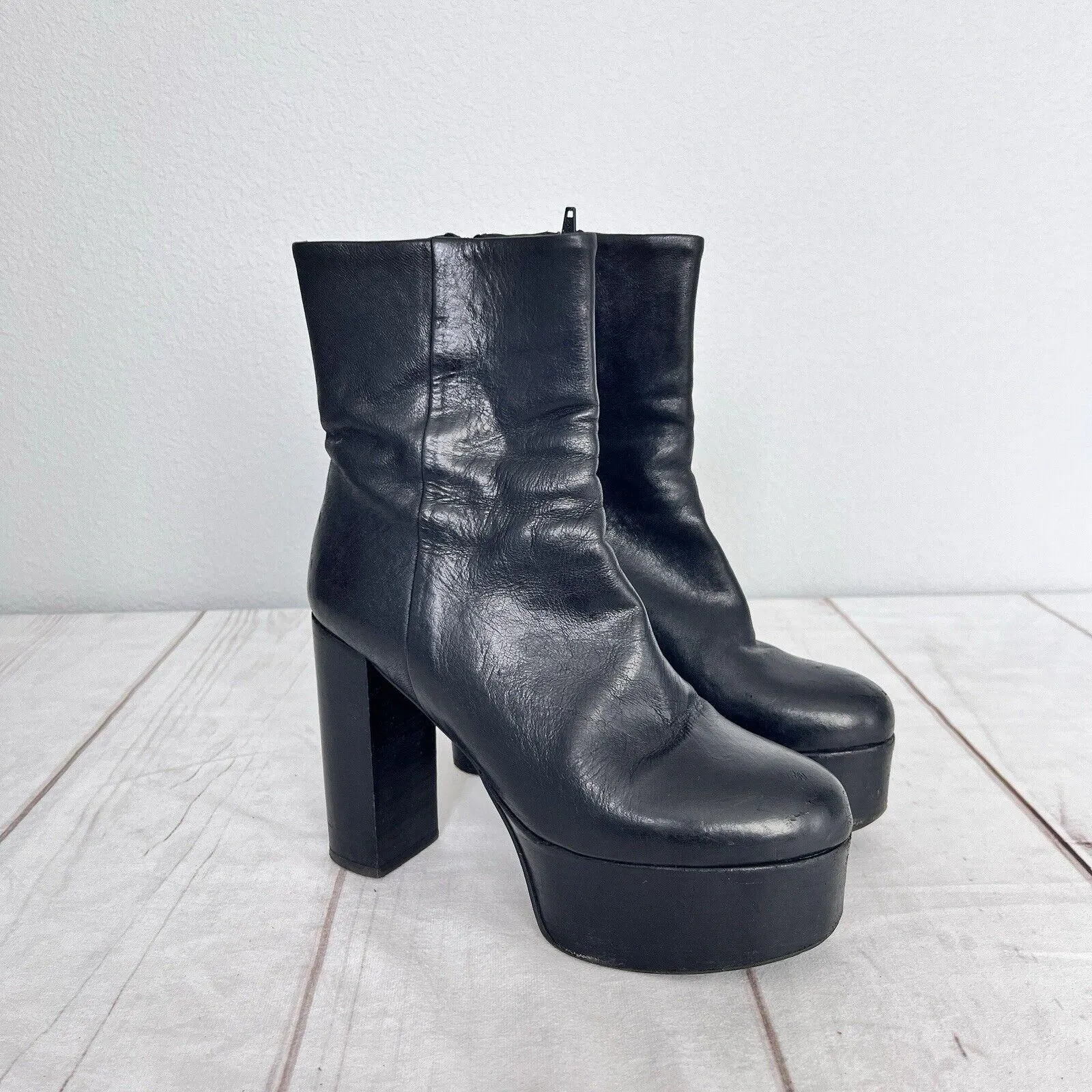 Free People Friday Night Retro Black Leather Platform Boots Women Sz 8.5