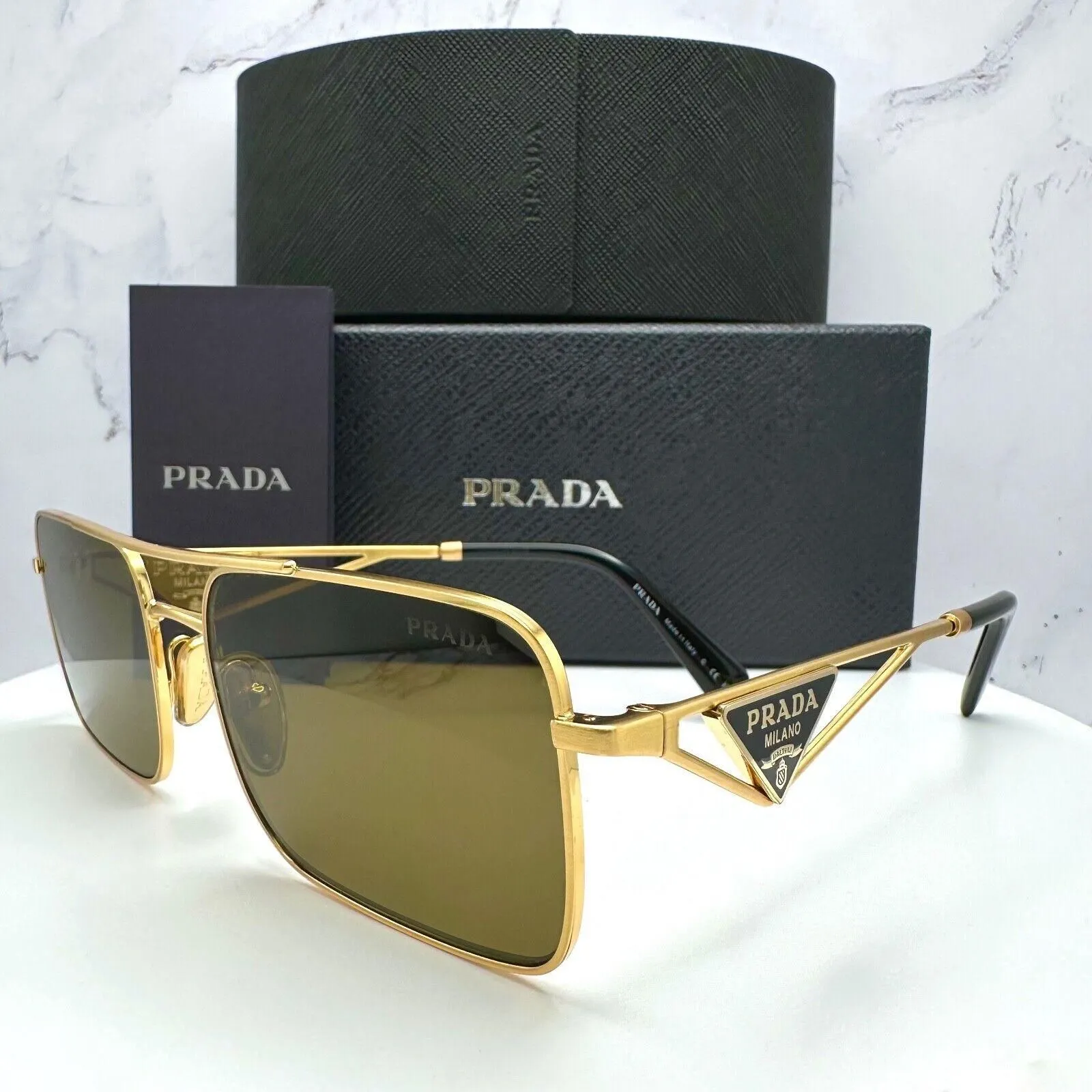 PRADA Sunglasses Gold Metal Square Triangle Black Logo Made