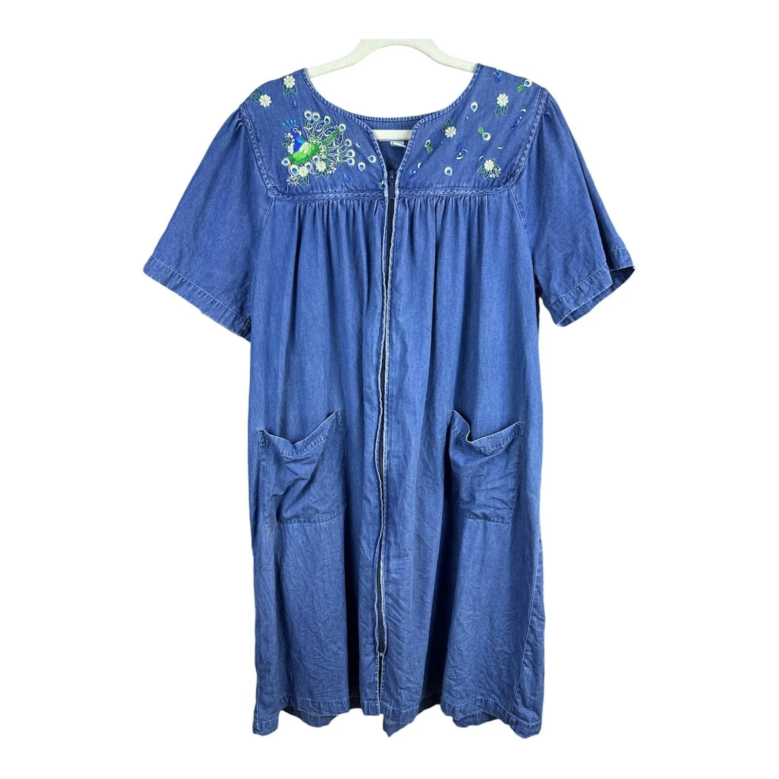 Go Softly Patio Dress L Blue Denim Floral Full Zip Pockets Mumu Patchwork Whatnot Buy Sell Go Live