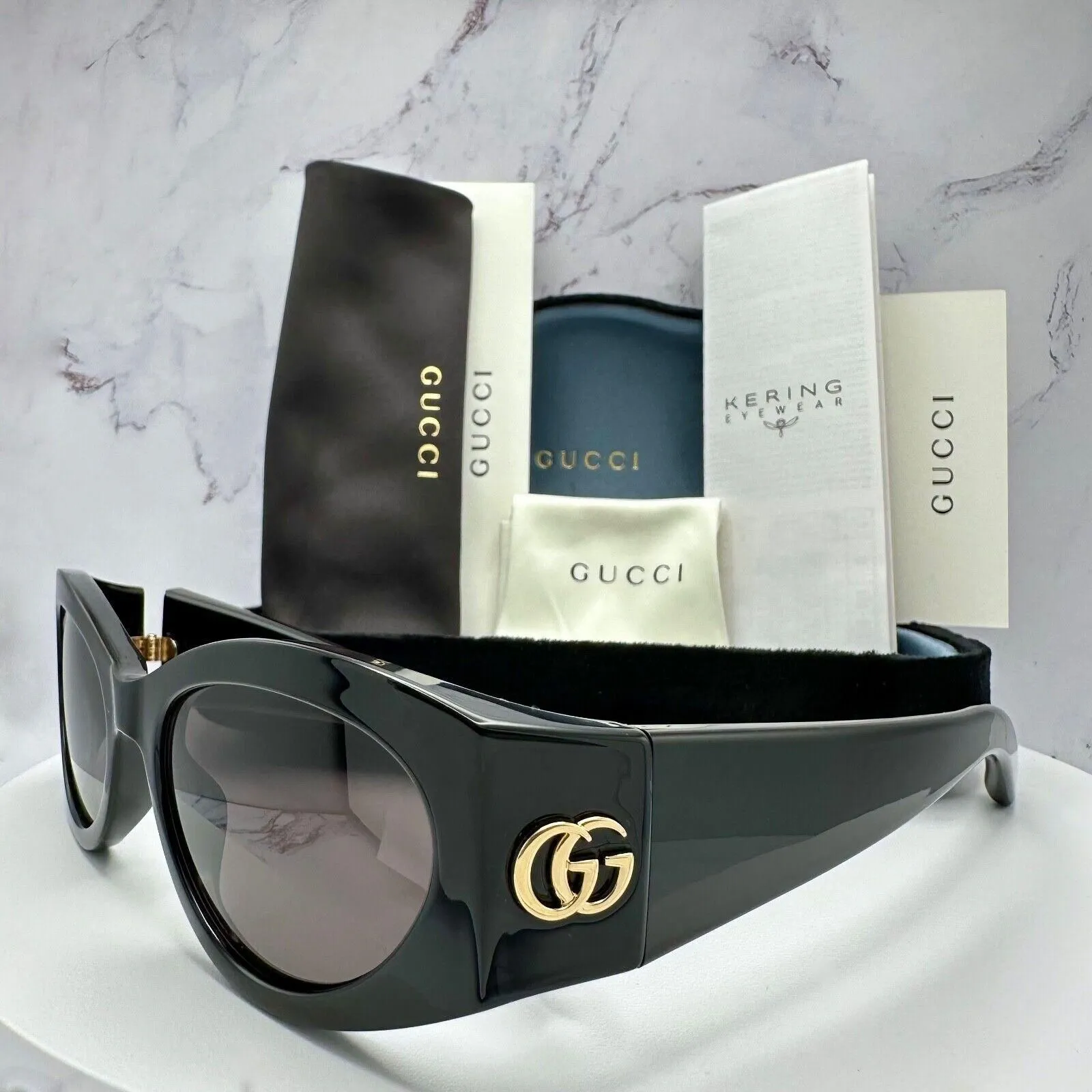Gucci Sunglasses Black Acetate Square Wrap Mask Gold Metal