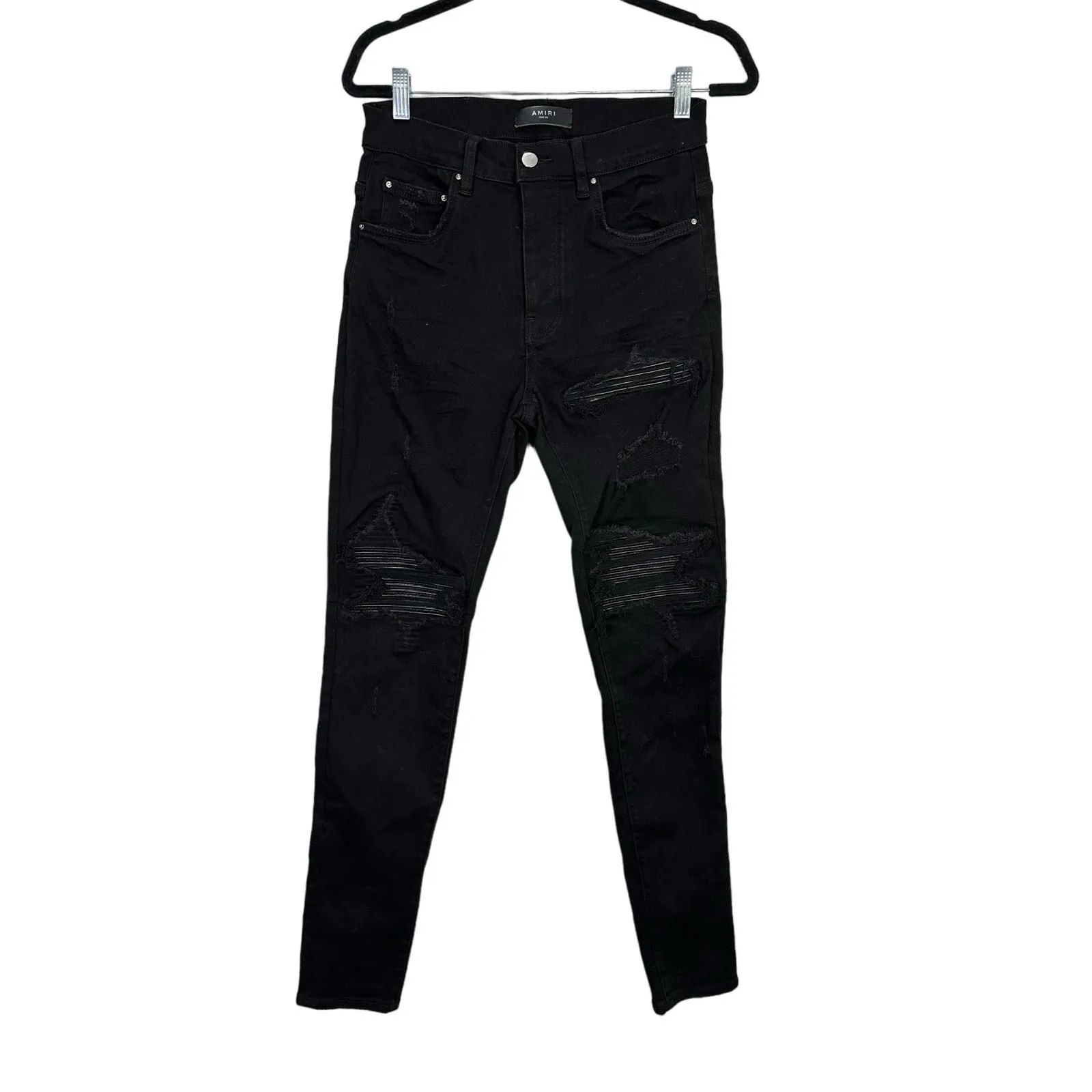 AMIRI MX1 Leather Patch Ripped Skinny Jeans | Nordstrom