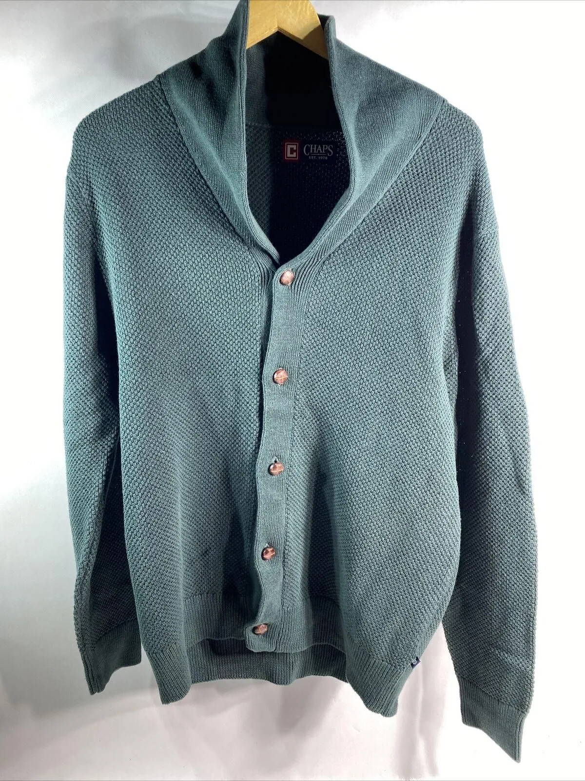 Chaps Green Cardigan Shawl Sweater Waffle Knit Wood Button Men s Size Large