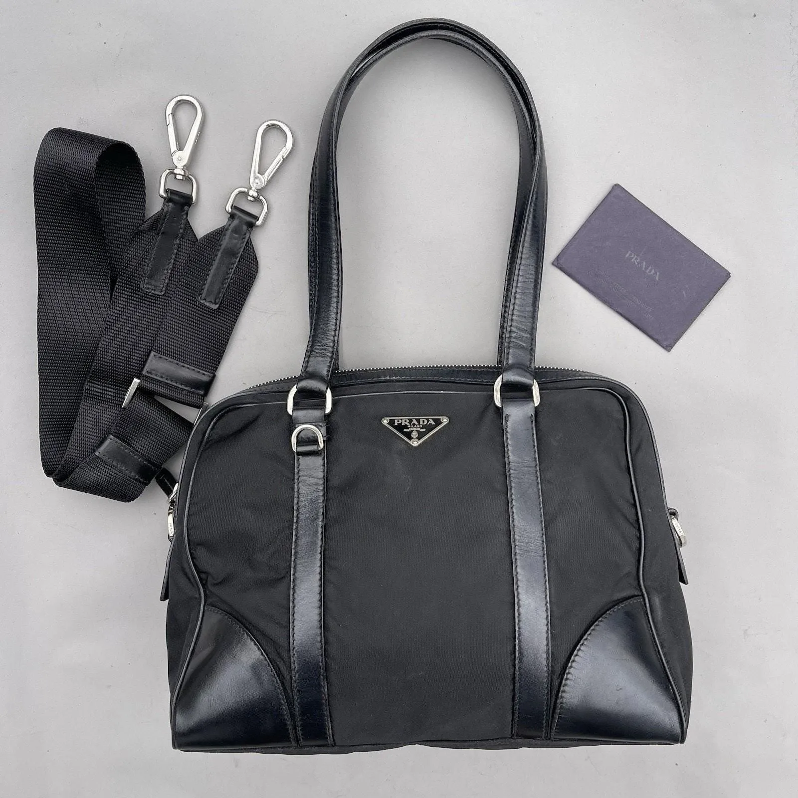 Prada Black Leather And Nylon Tessuto Shoulder Bag With