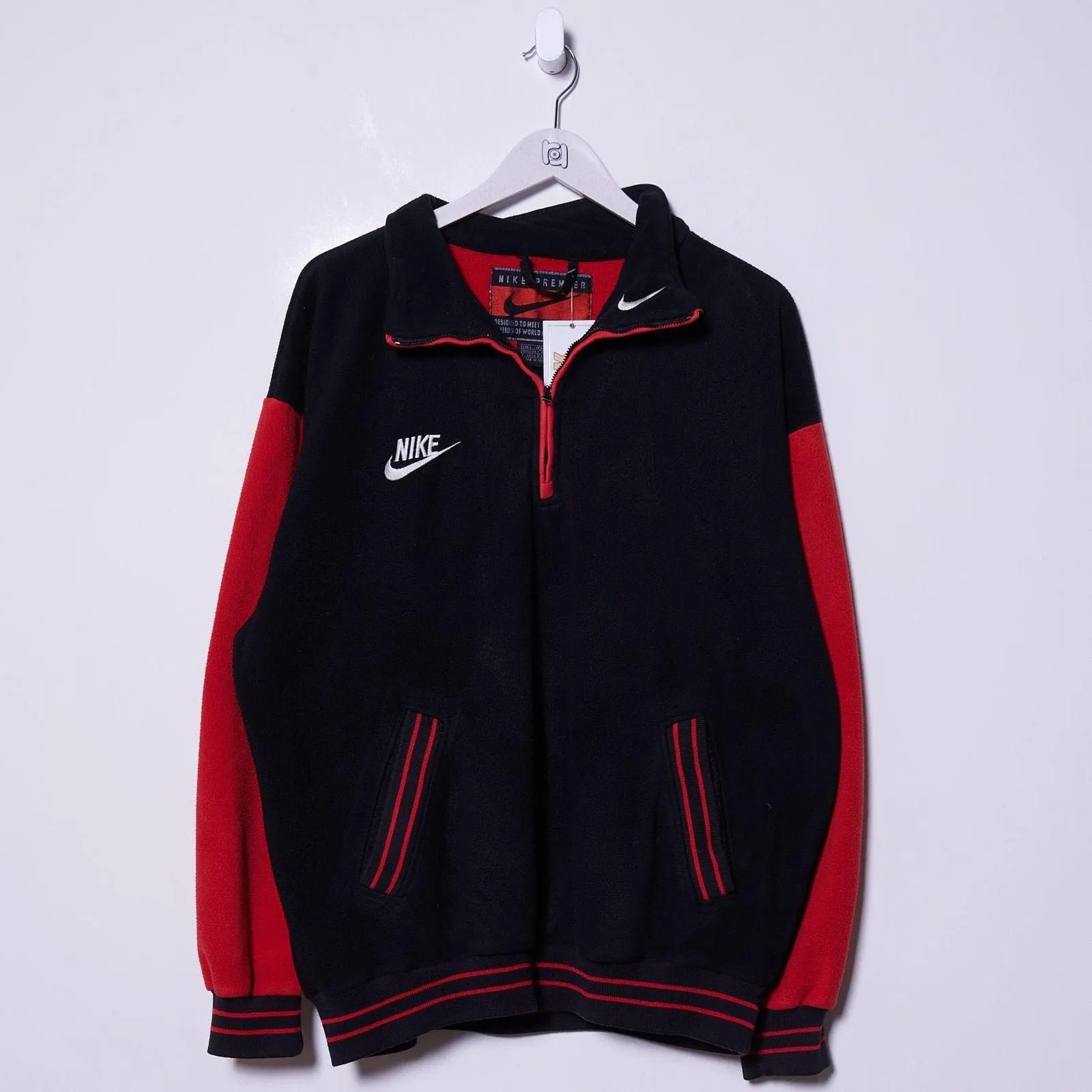 VINTAGE 90's Nike Swoosh Zip Track Jacket Soccer Black Red