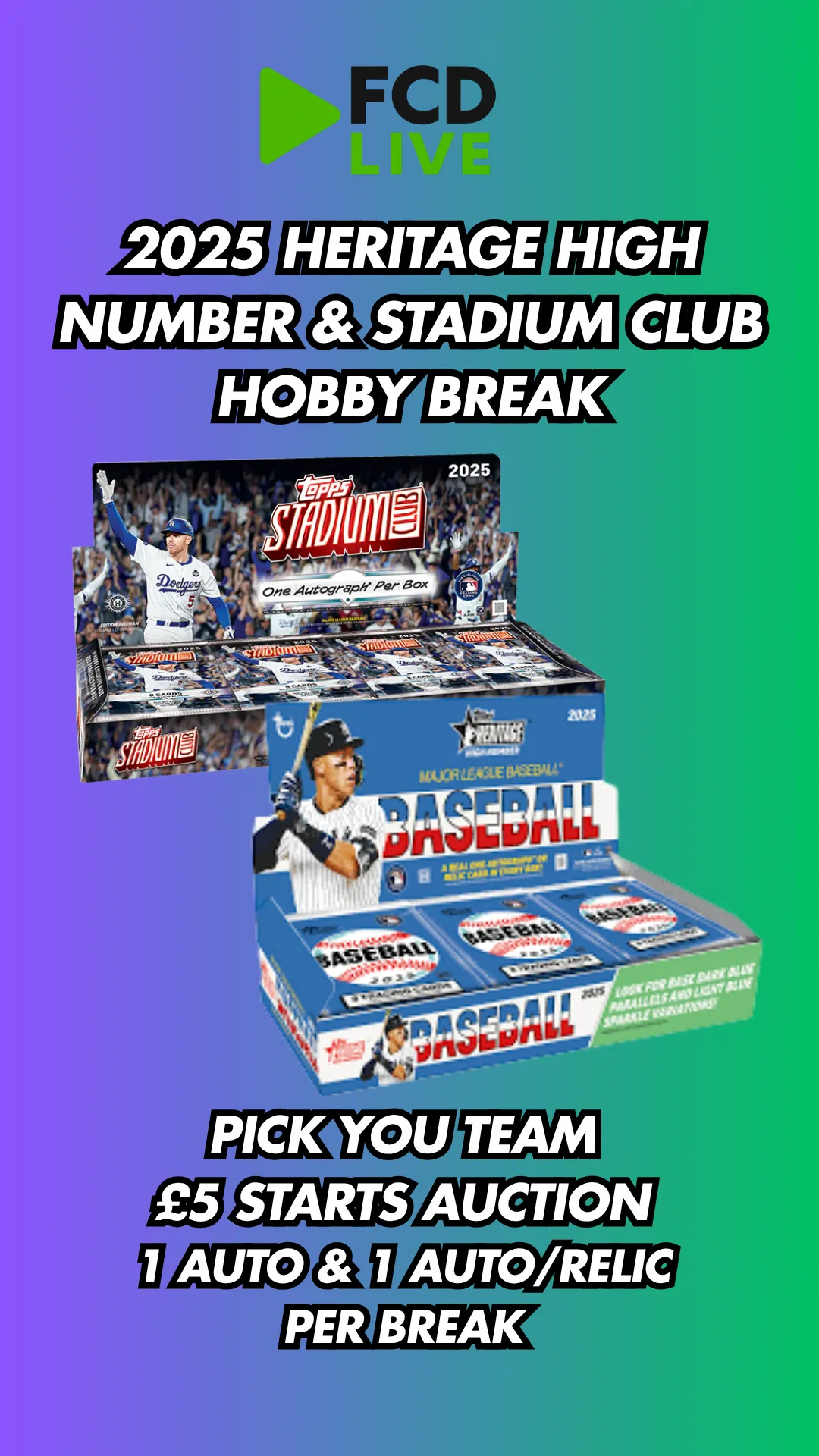 🇬🇧 ⚾ £5 START - HERITAGE HIGH NUMBER & STADIUM CLUB HOBBY BREAK - 1 AUTO & 1 AUTO/RELIC GUARANTEED