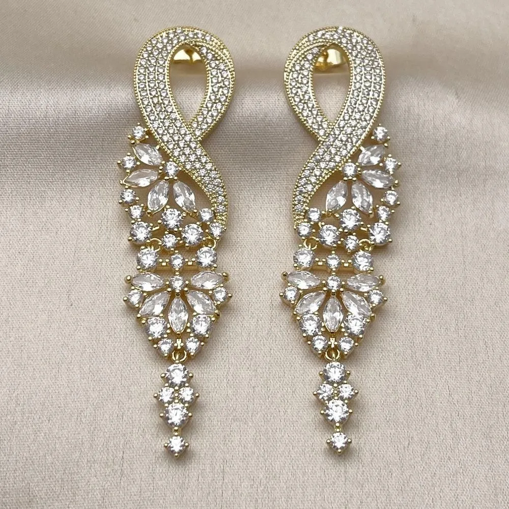 Oro Laminado Long Earring, Gold Filled Style Infinite Design, with White Cubic Zirconia, Polished, Golden Finish