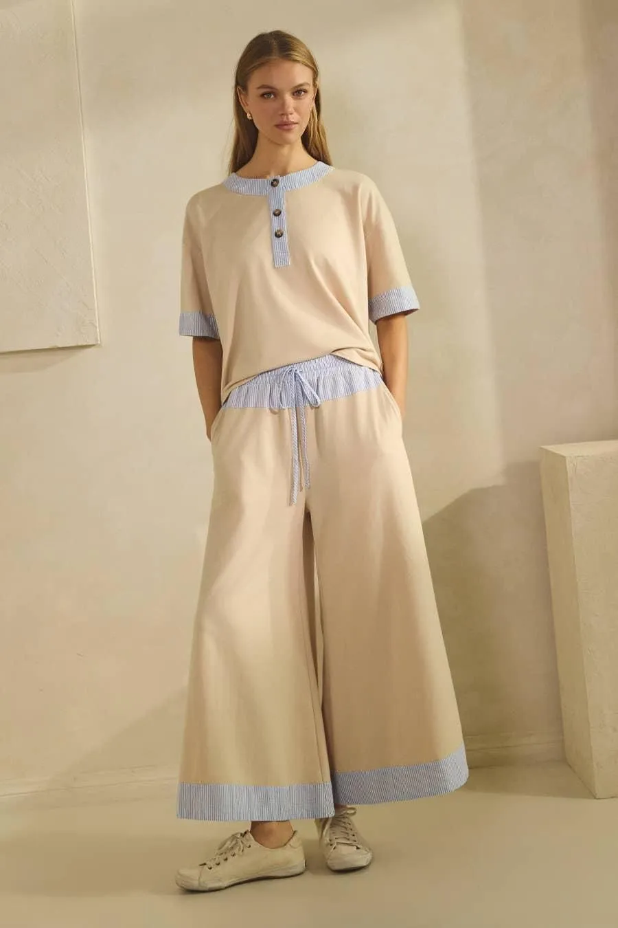 Oddi Contrast-trim Henley Top And Pants Set