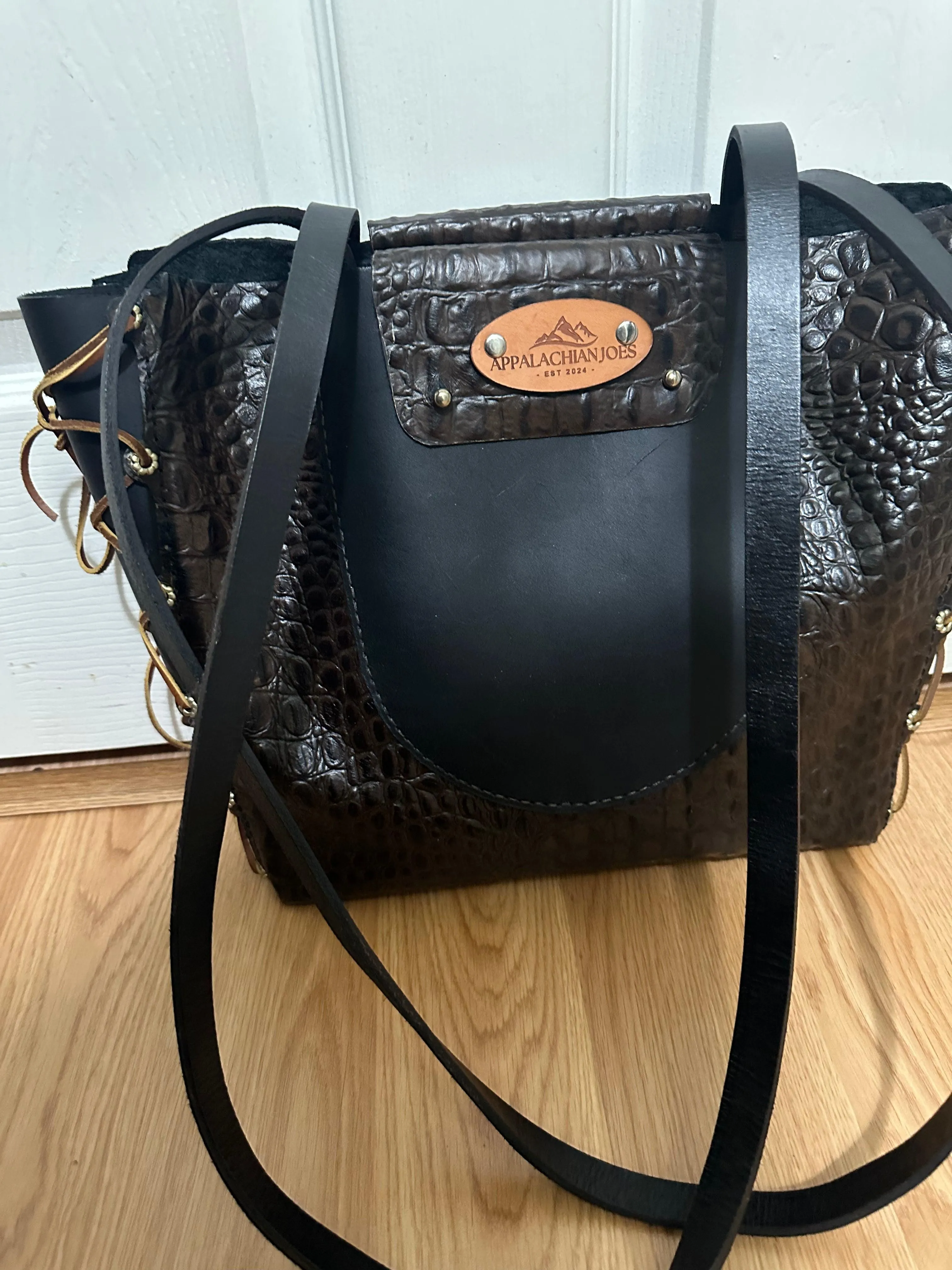 Leather and Lace - Alligator print with Black Leather -Purse Tote Bag