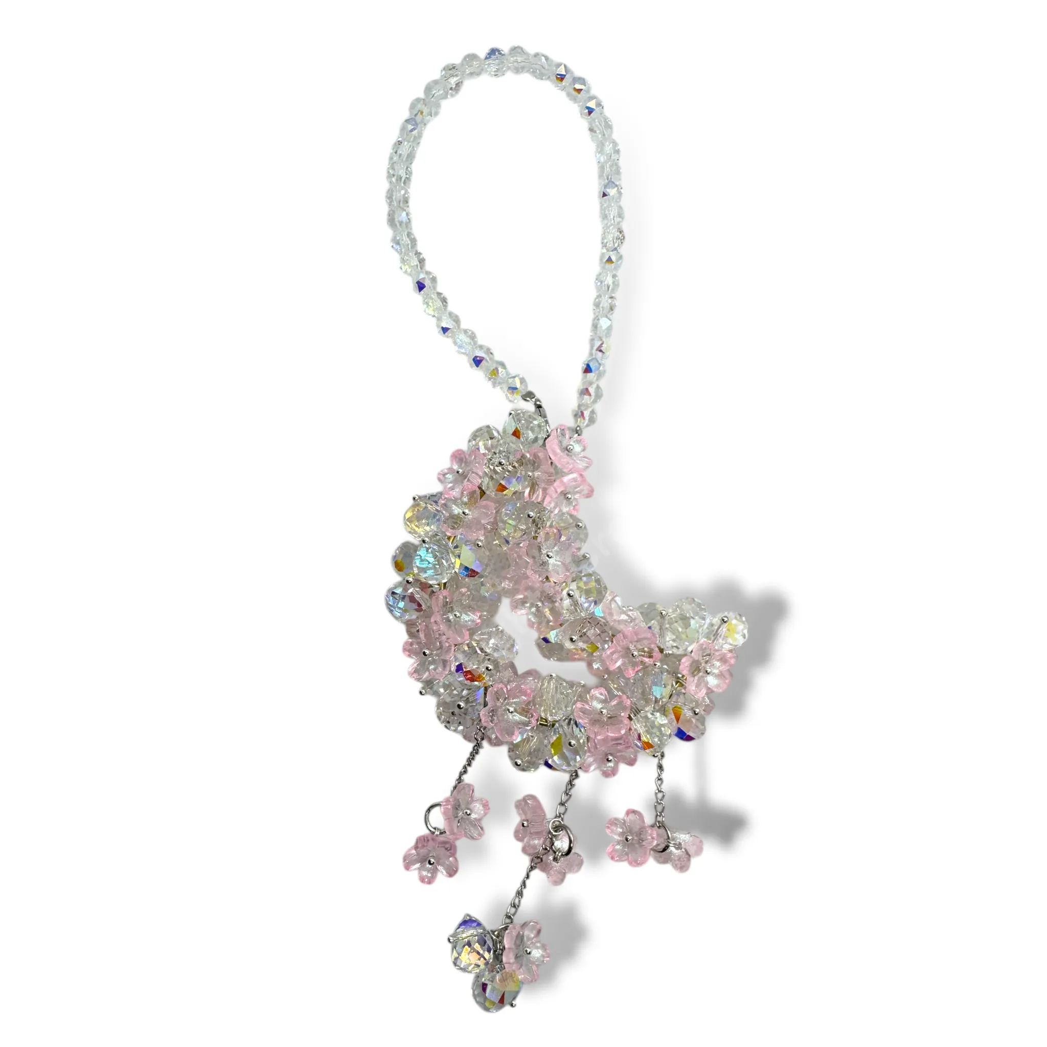 Pink Crystal and Flower With Gold Pins Crystal Moon Suncatcher / Moon Car Charm